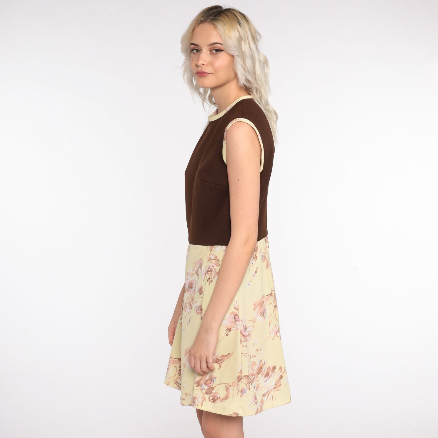 70s Floral Mini Dress High Waisted Sleeveless Brown Yellow Medium