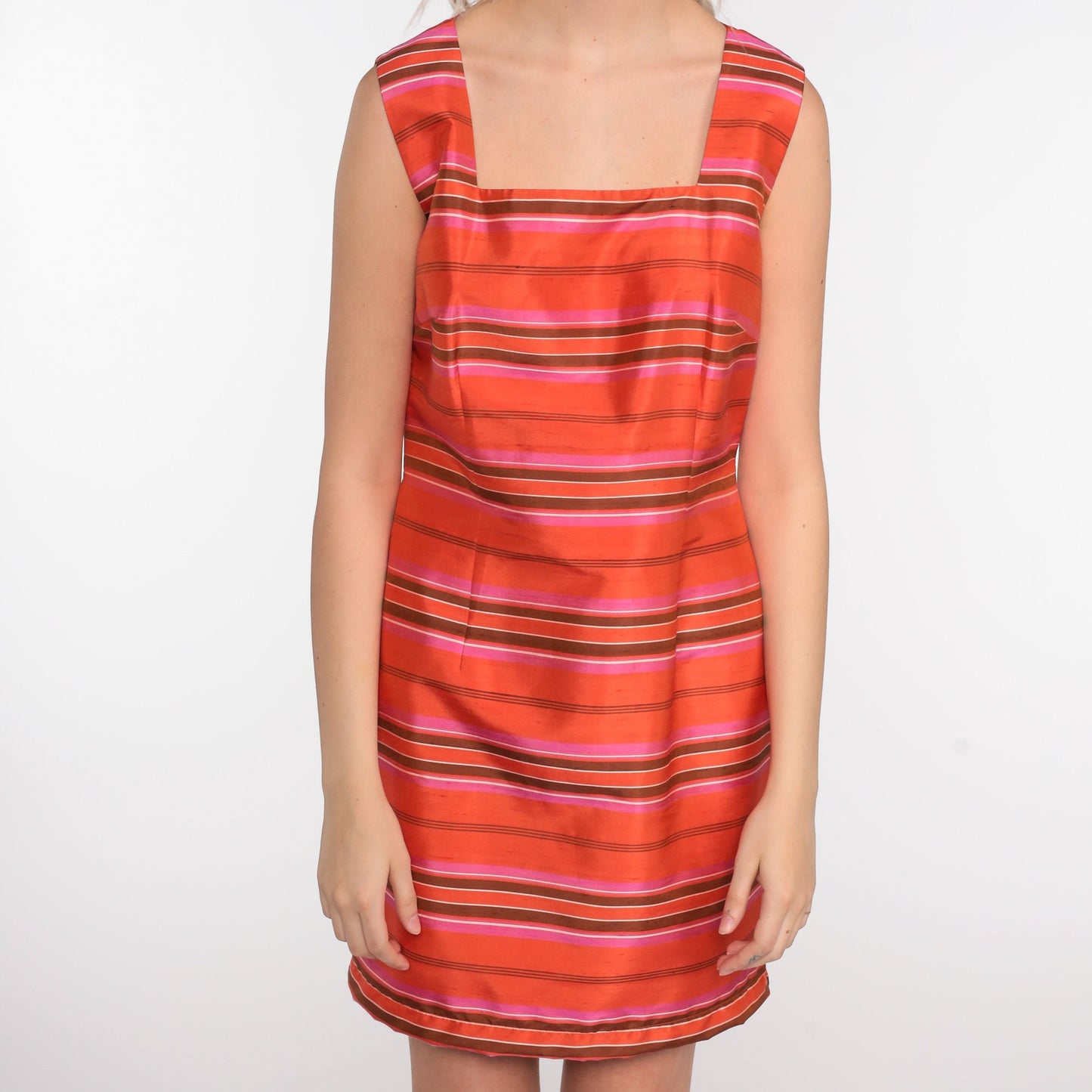 Y2K Orange Striped Silk Mini Sheath Dress Sleeveless 00s Small