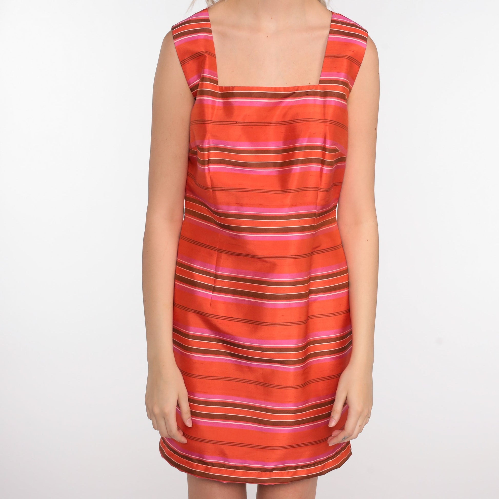 Y2K Orange Striped Silk Mini Sheath Dress Sleeveless 00s Small