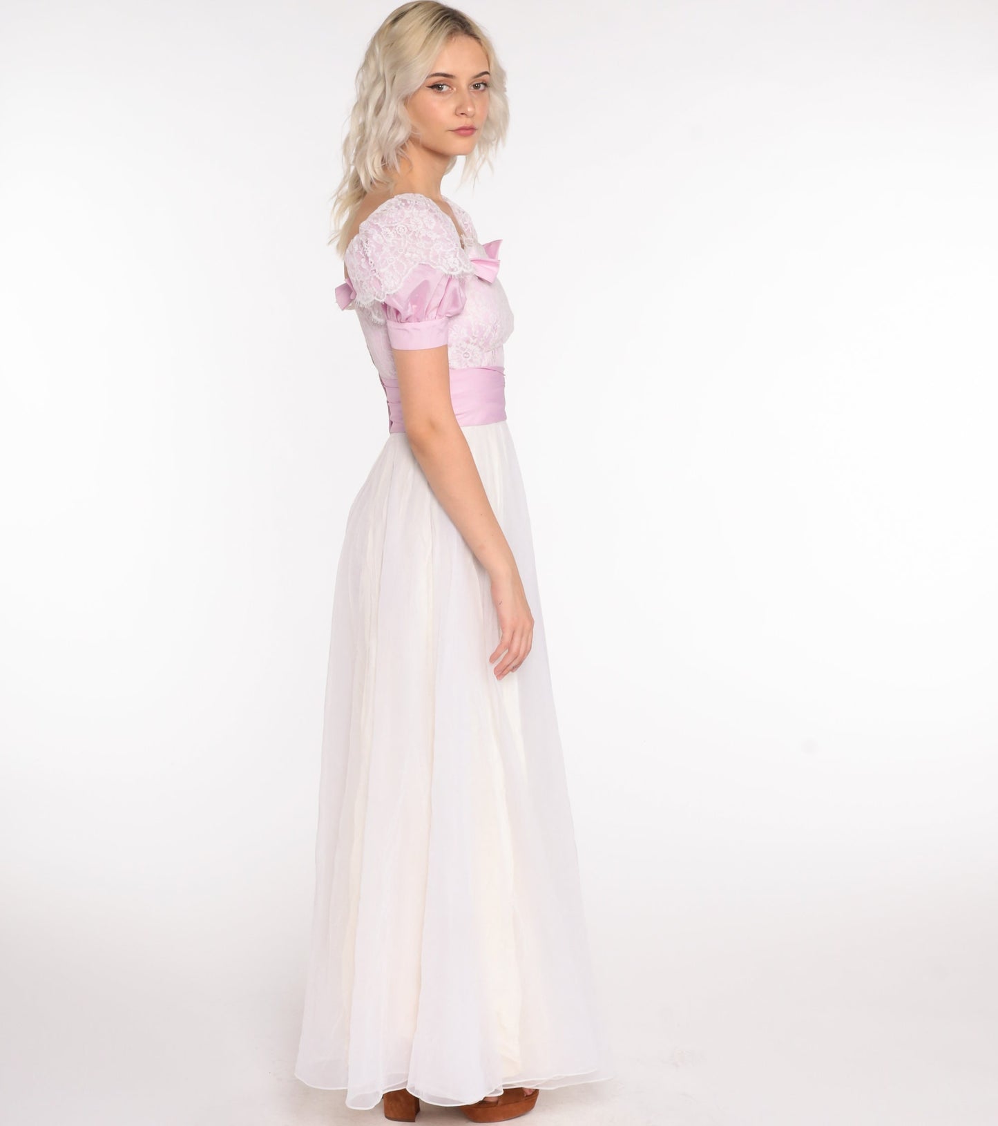 70s Puff Sleeve Maxi Dress Chiffon Lace White Lavender Off-Shoulder Extra Small