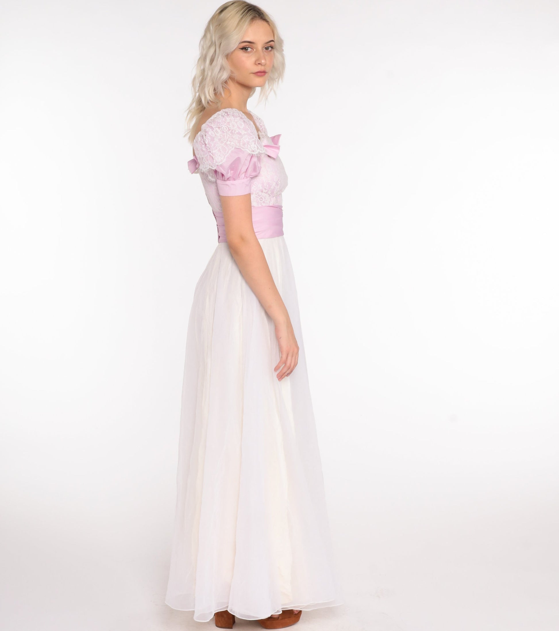 70s Puff Sleeve Maxi Dress Chiffon Lace White Lavender Off-Shoulder Extra Small