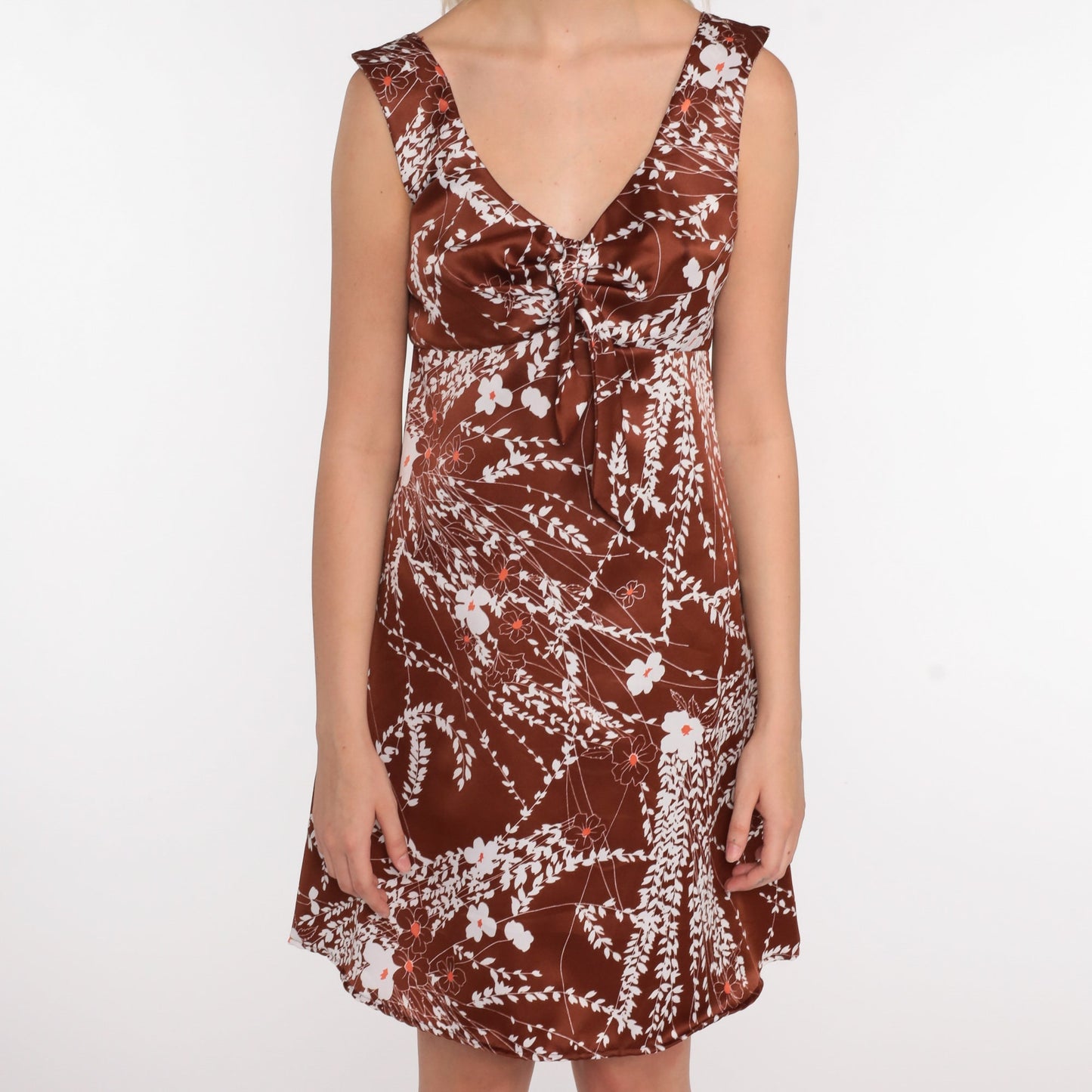 70s Brown Floral Mini Dress Empire Waist Sleeveless Bow Small Medium