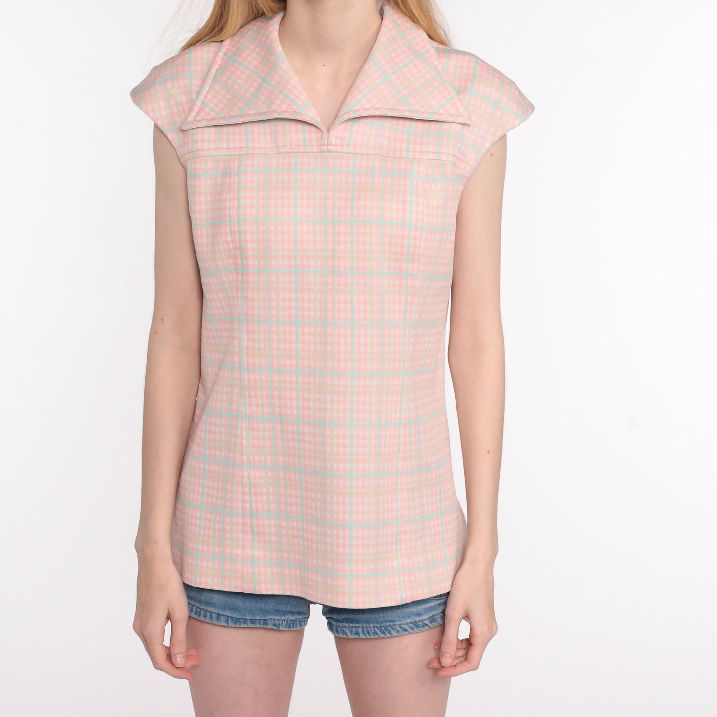 70s Pink Plaid Cap Sleeve Blouse Checkered Vintage Small Medium