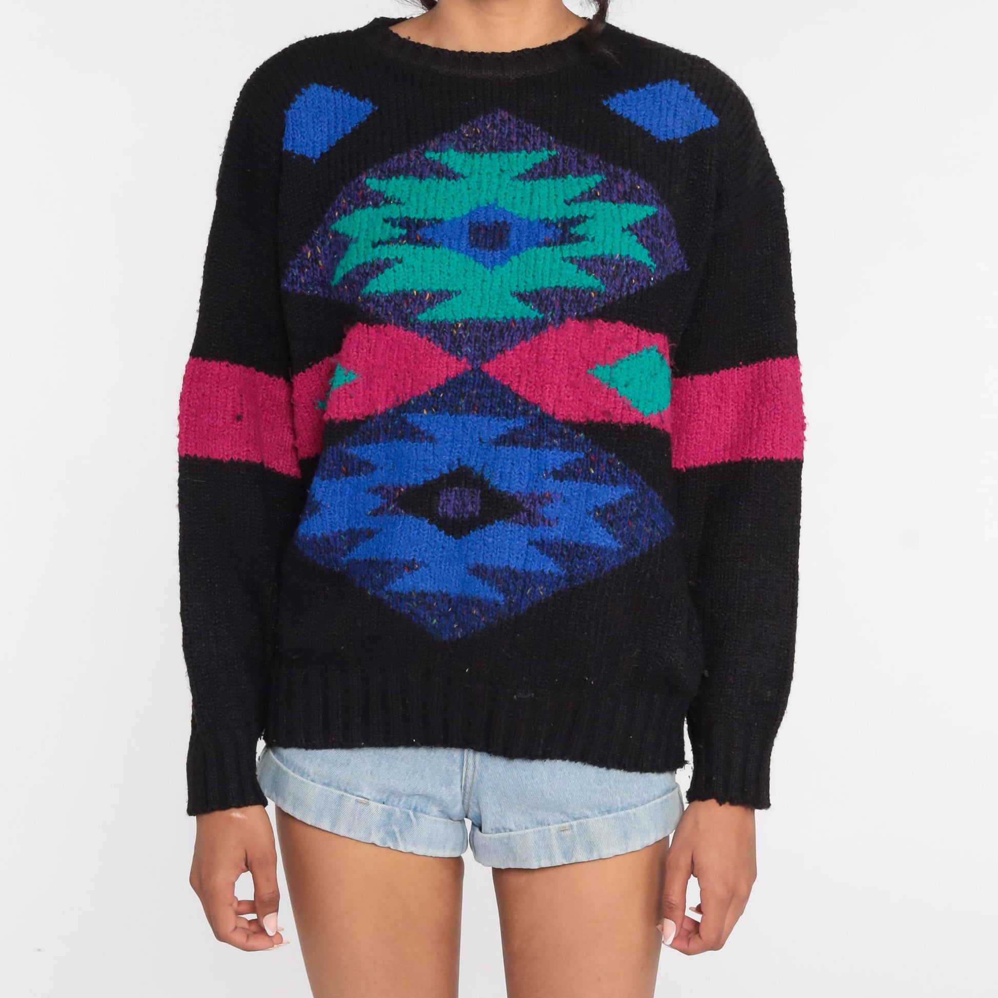 80s Southwestern Tribal Sweater Black Wool Blend Aztec Pullover Large