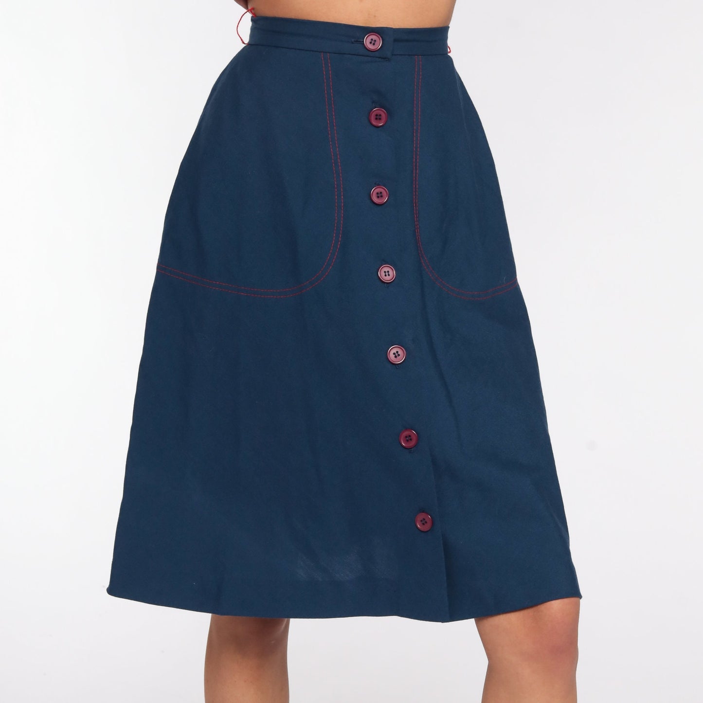 70s Dark Blue Midi Skirt High Waist Pockets XXS