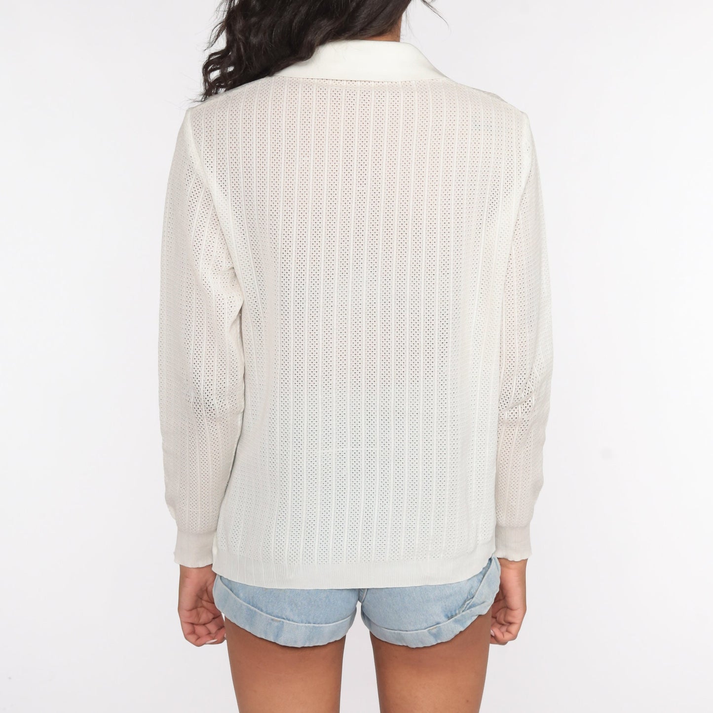 70s Sheer Off-White Cutout Blouse Long Sleeve Polo Shirt Large