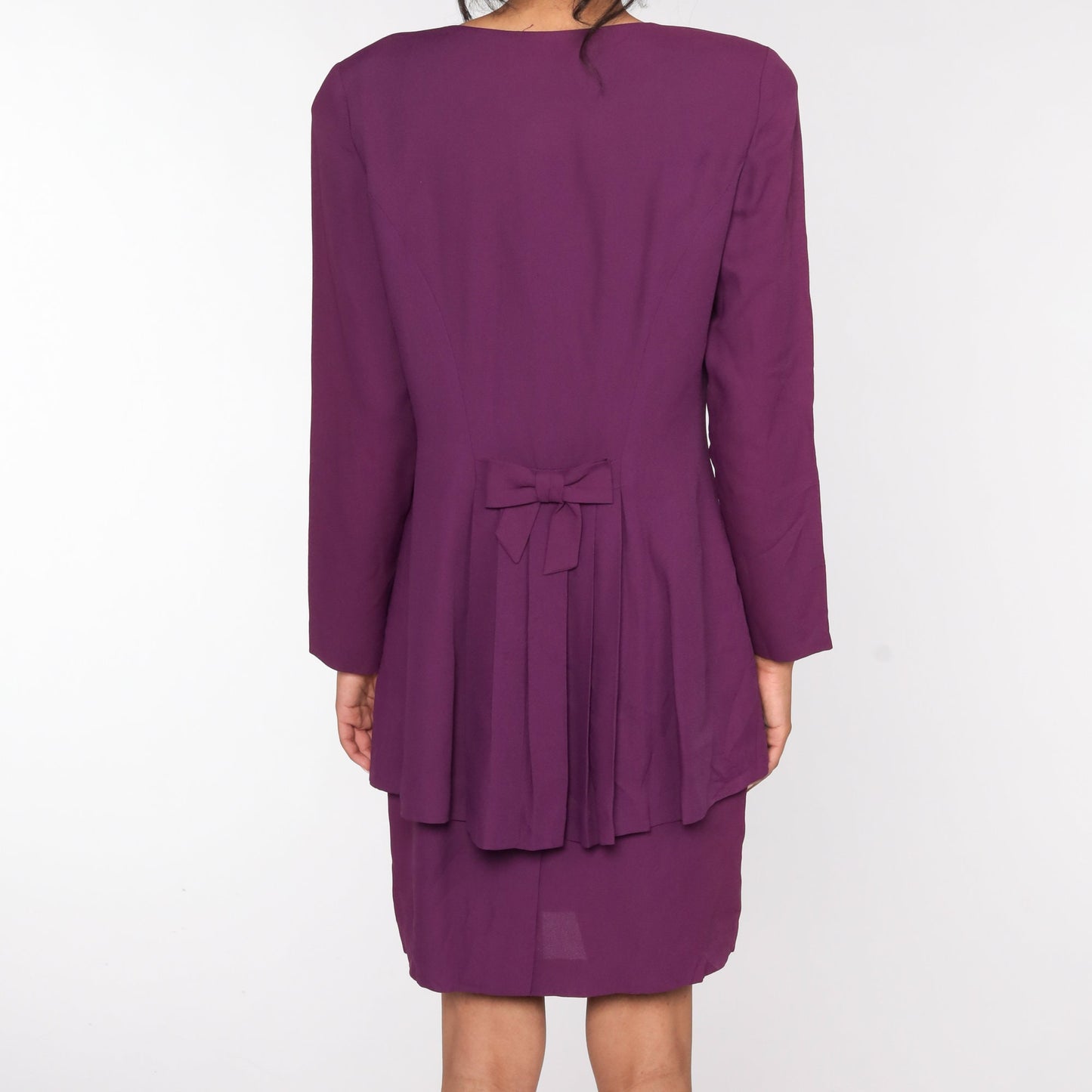 80s Purple Sheath Dress Button Front Bow Back V-Neck Secretary Medium