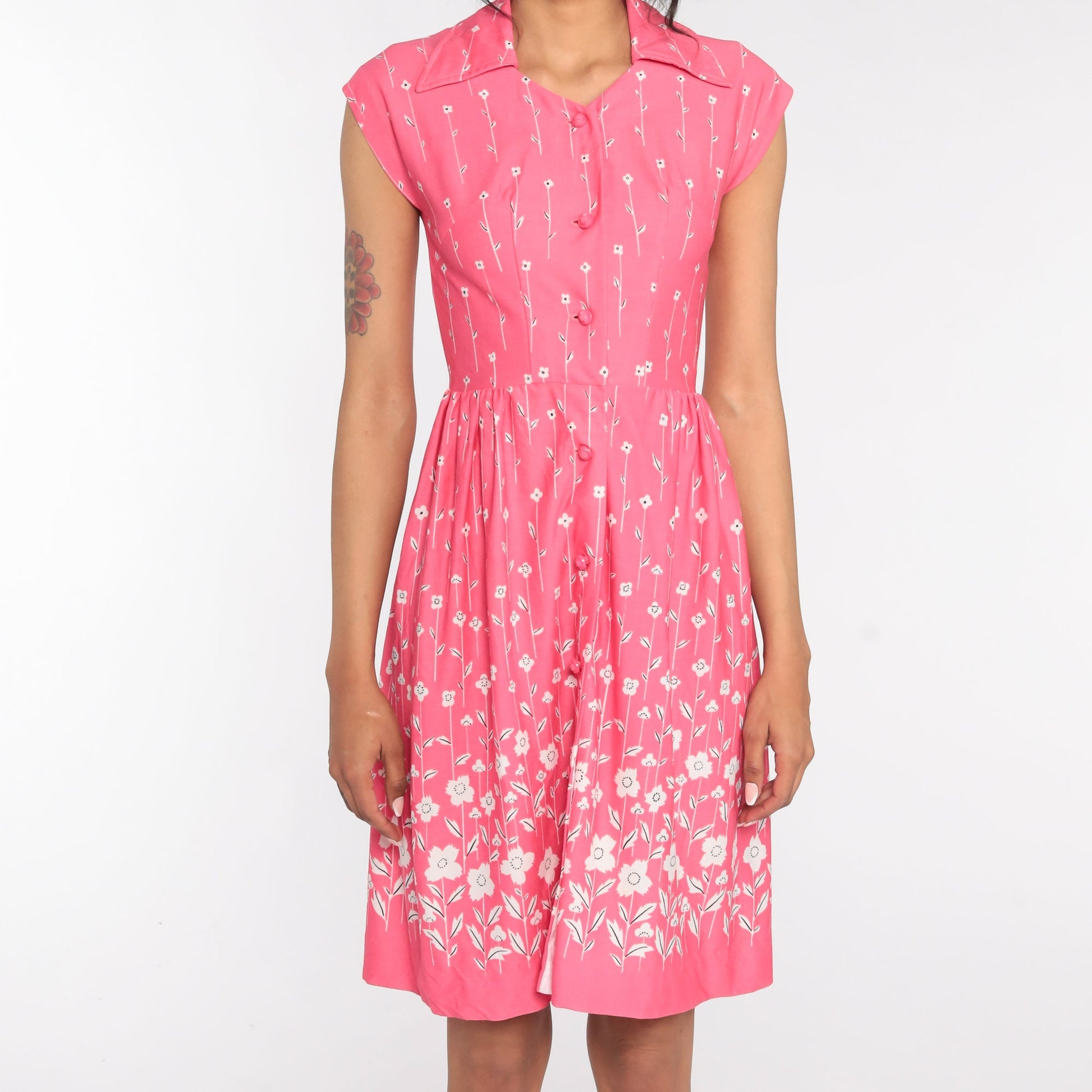 70s Pink Floral Midi Dress High Waist Cap Sleeve Button Front Extra Small