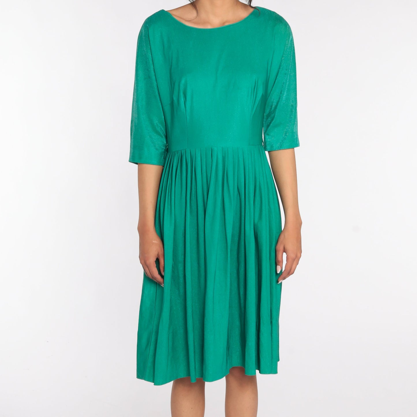 1960s Green Pleated High-Waist Dress 3/4 Sleeve Fit and Flare Small S