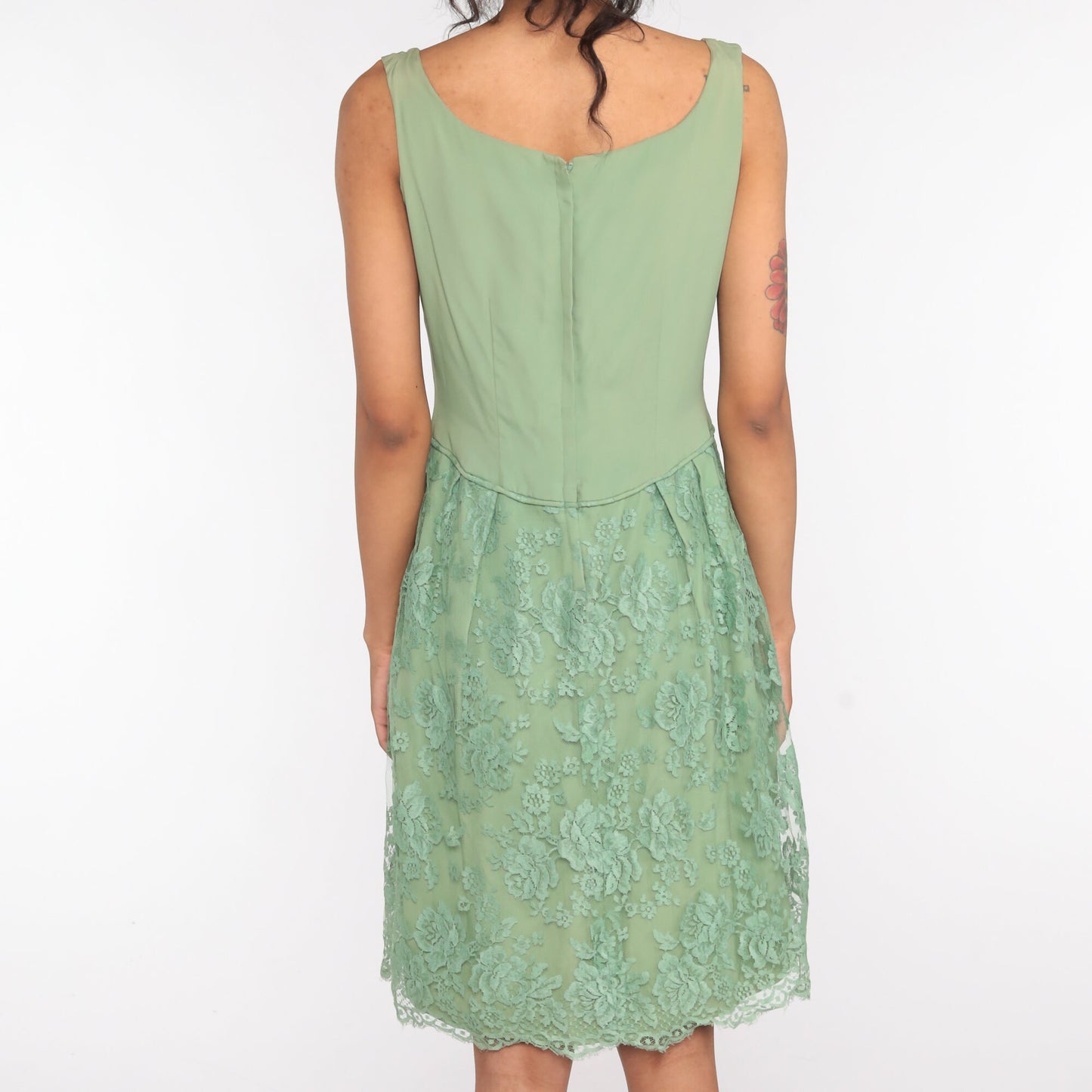 1960s Green Lace Cocktail Dress Midi Tea Length Small