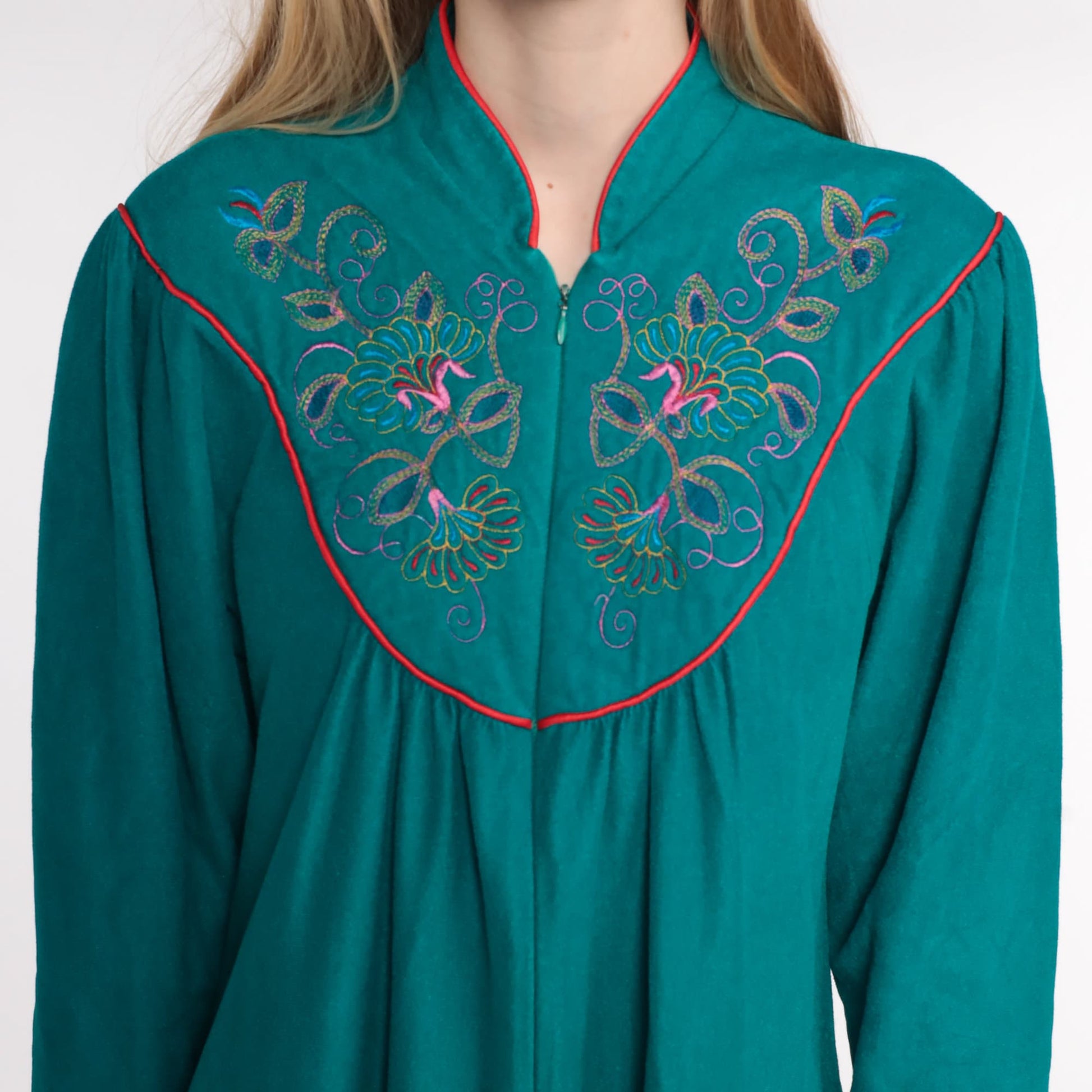 70s Velour Lounge Dress Teal Floral Embroidered Mini Front Zip Small Medium