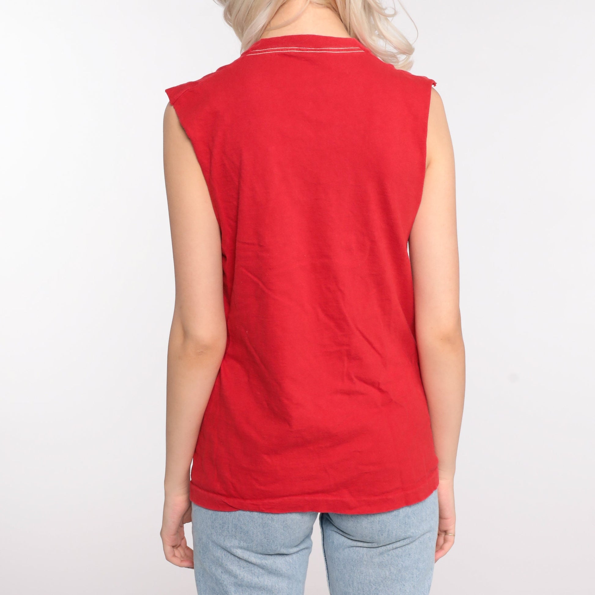80s Screen Stars Reading Tank Top Graphic Sleeveless Tee Red Medium