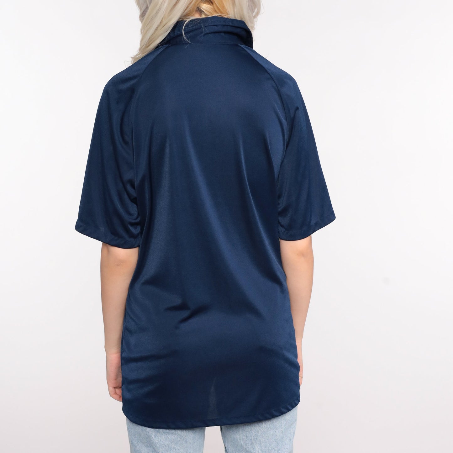 70s Dark Blue Polo Shirt Button-Up Collared Short Sleeve Large L