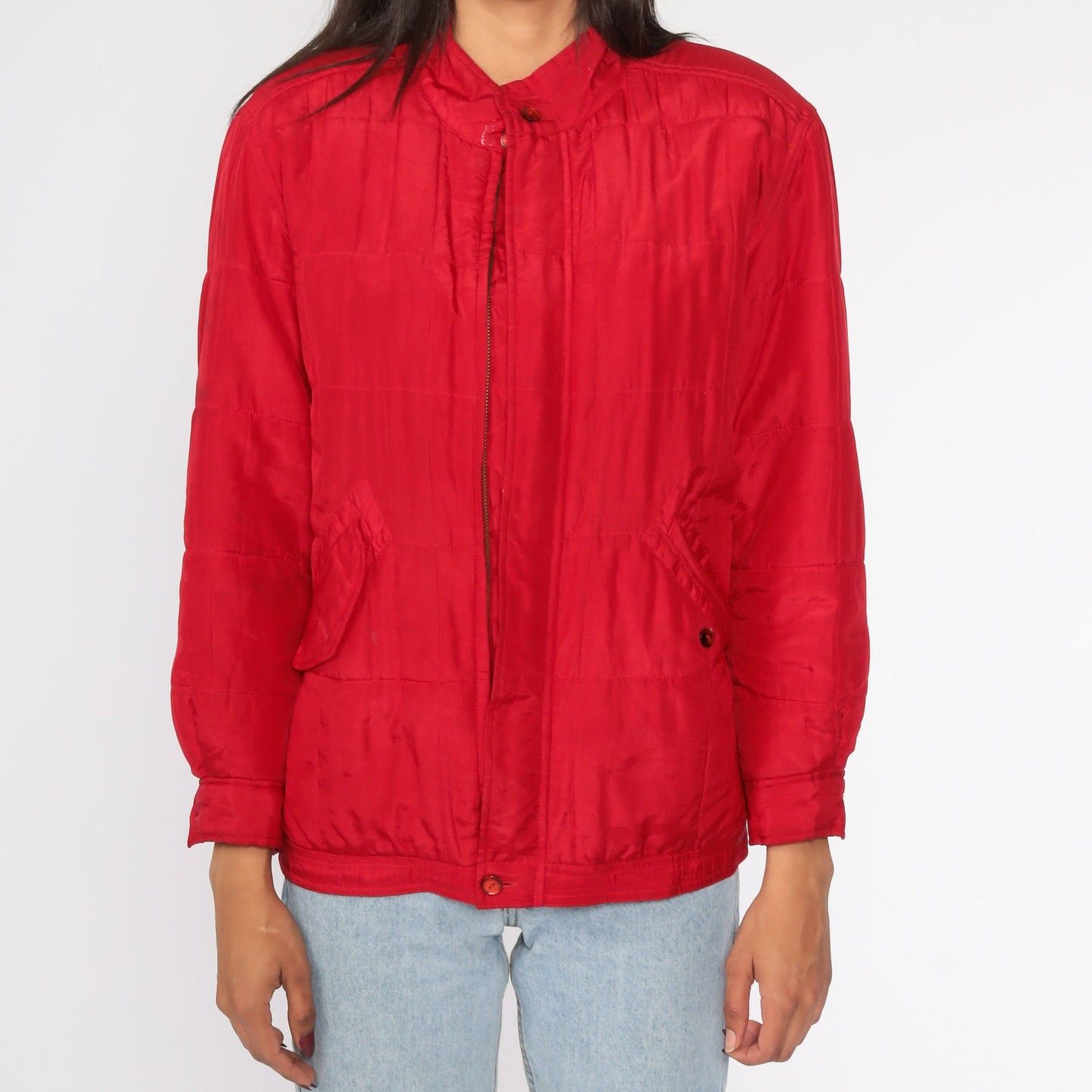 80s Red Silk Windbreaker Jacket Front Zip Petite Small