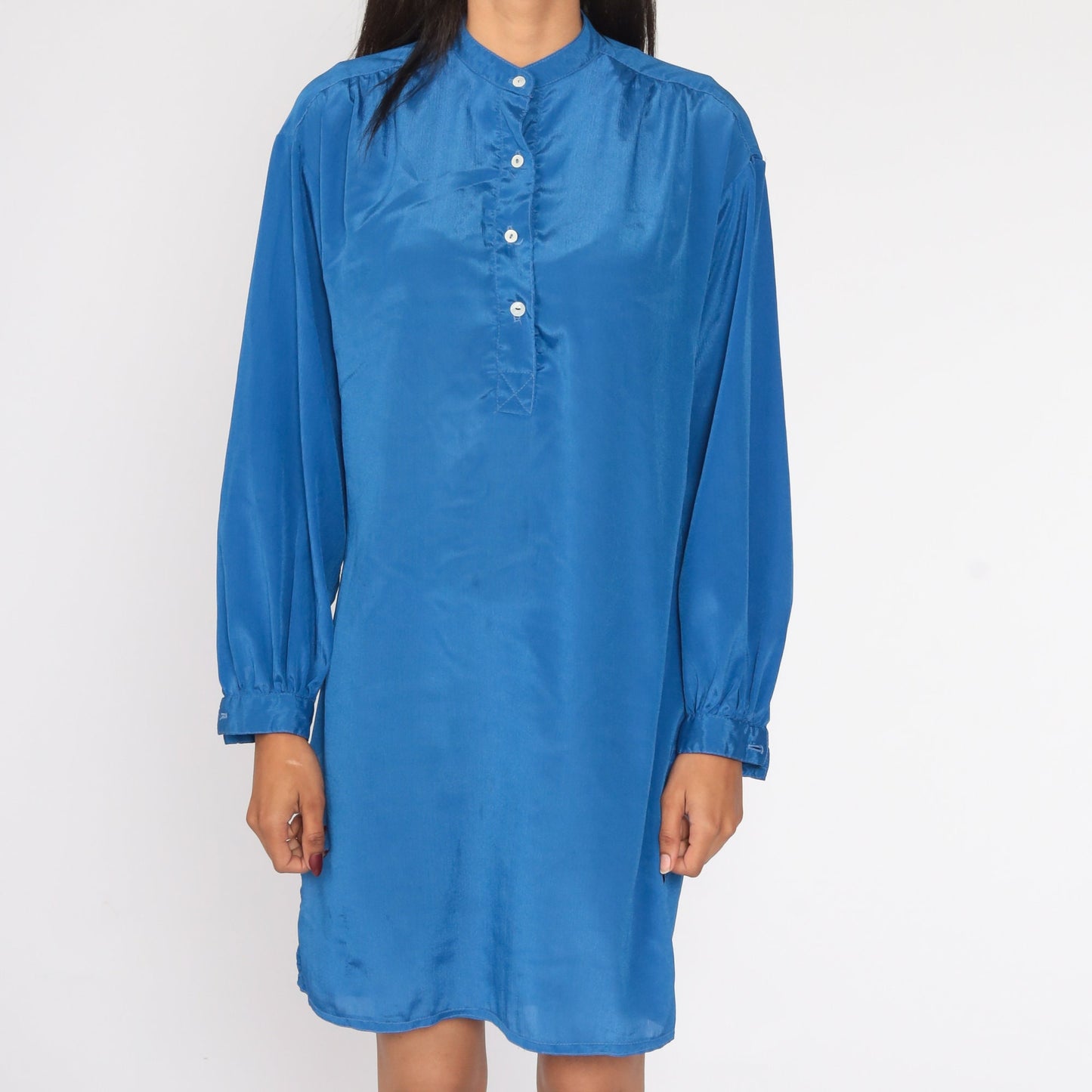 80s Blue Button-Up Shift Dress Long Sleeve Mini Shirtdress Medium Large