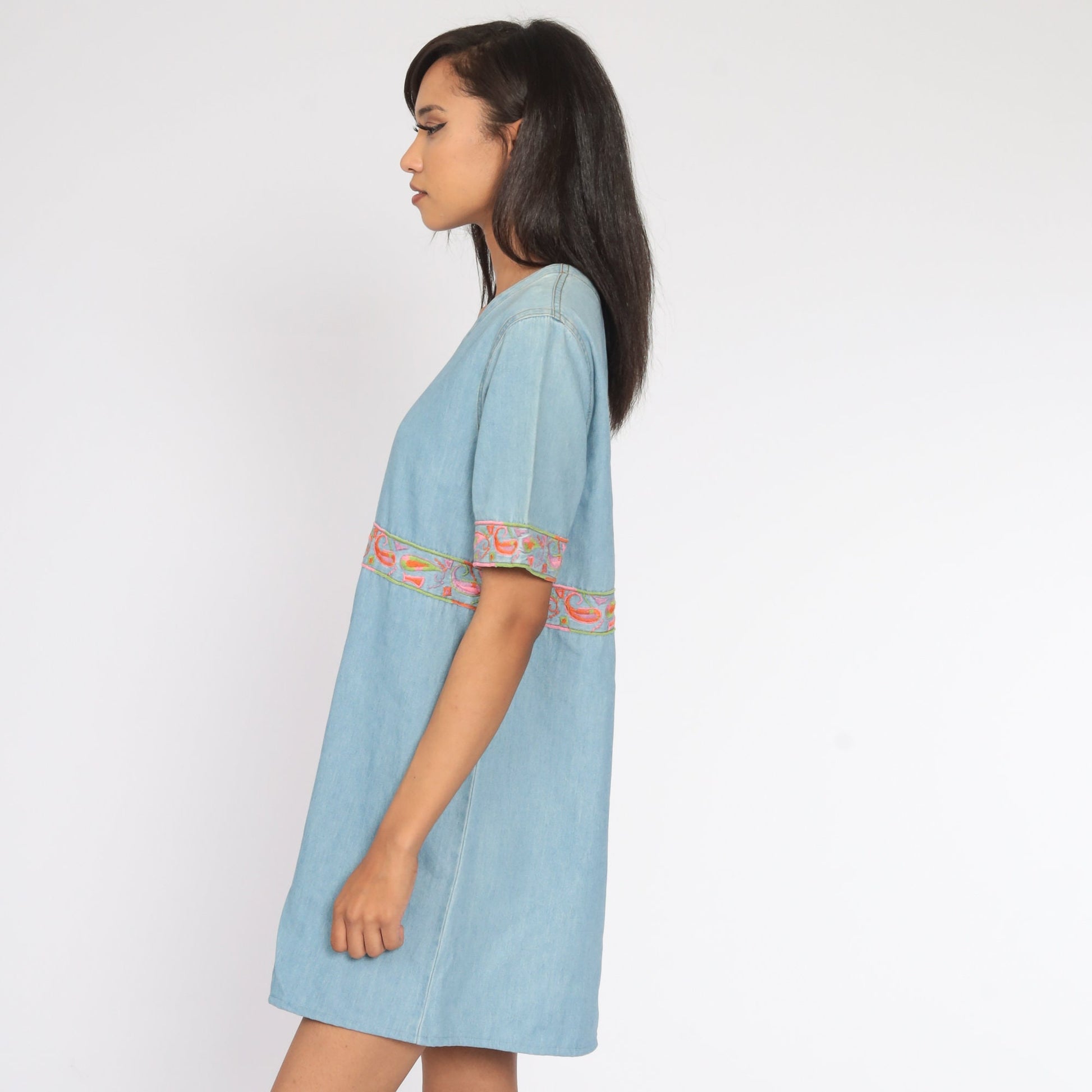 90s Embroidered Paisley Denim Mini Dress Blue Cotton Shift Medium