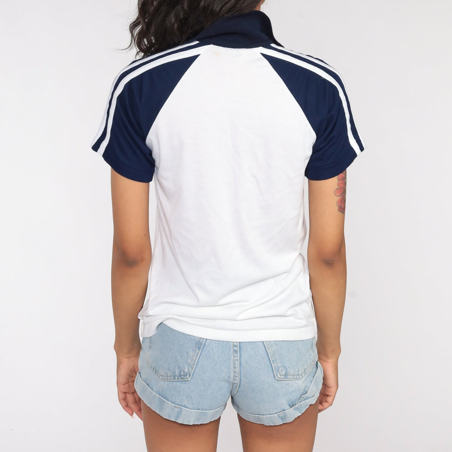 70s PNB Polo Shirt White Navy Raglan Sleeve Half Button Collared Medium