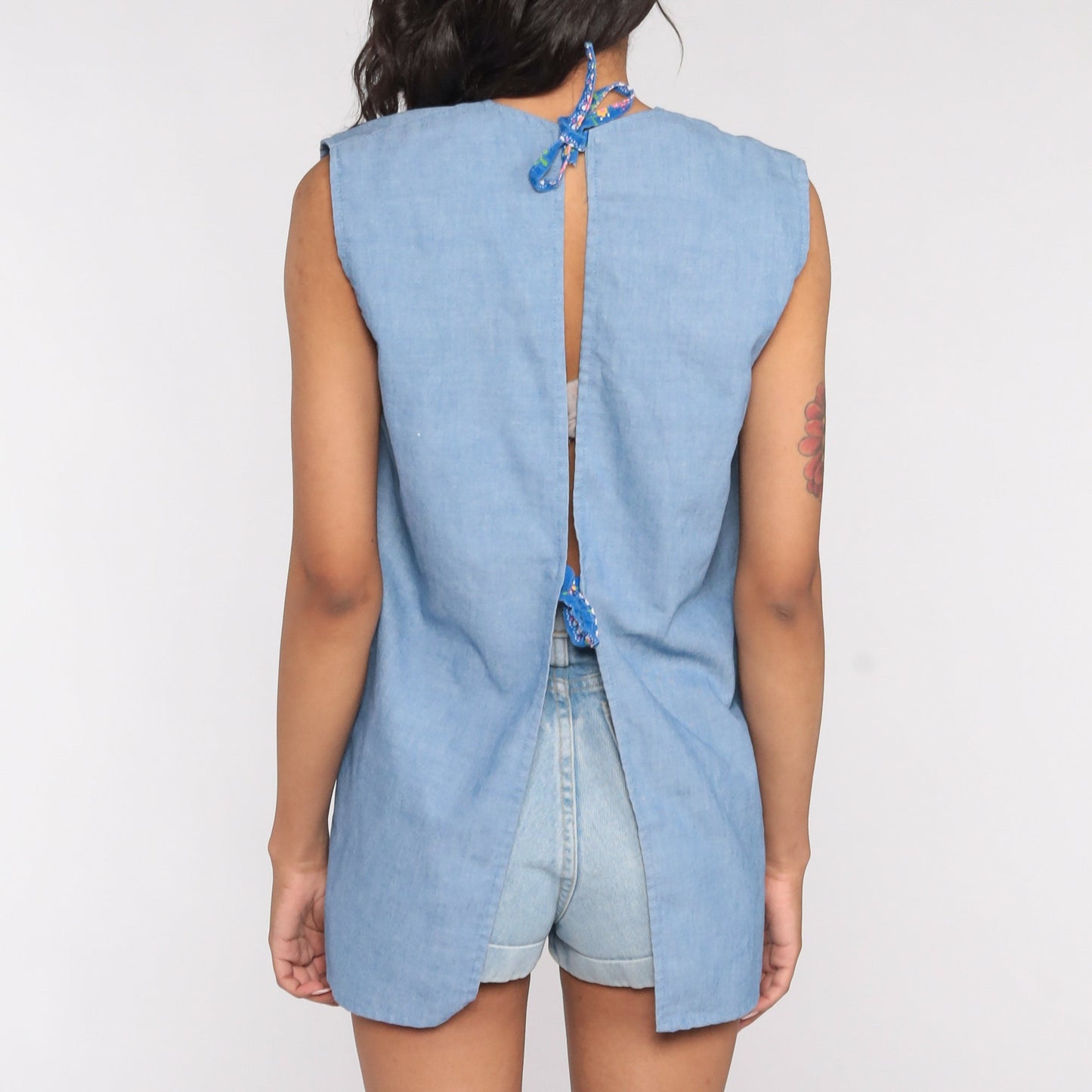 70s Blue Floral Blouse Open Back Sleeveless Cotton Top Small Medium