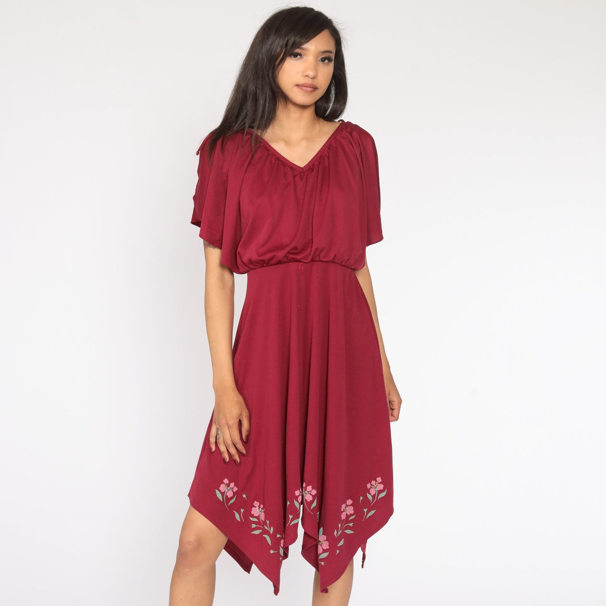 70s Grecian Midi Dress Burgundy Floral High-Low Scarf Hem Small Medium