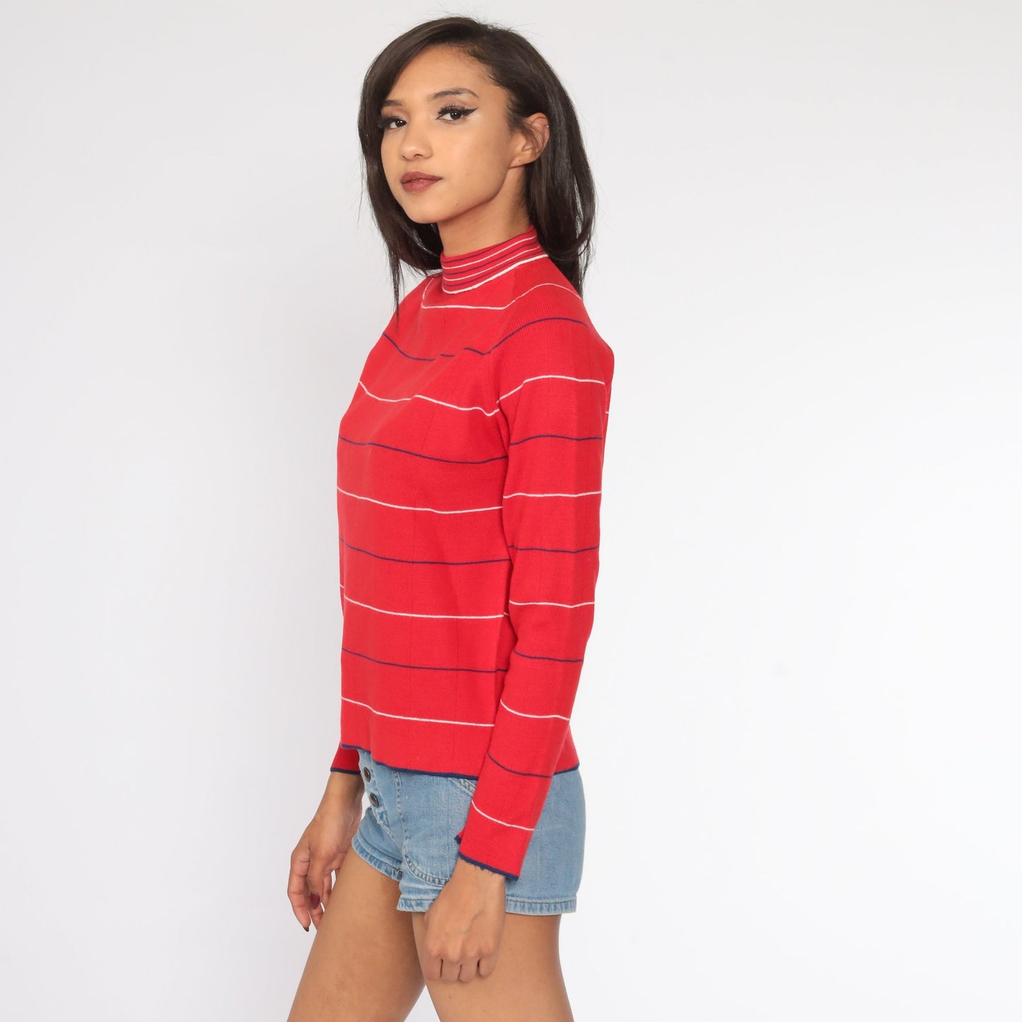 70s Red & White Striped Mock Neck Knit Pullover Small Medium