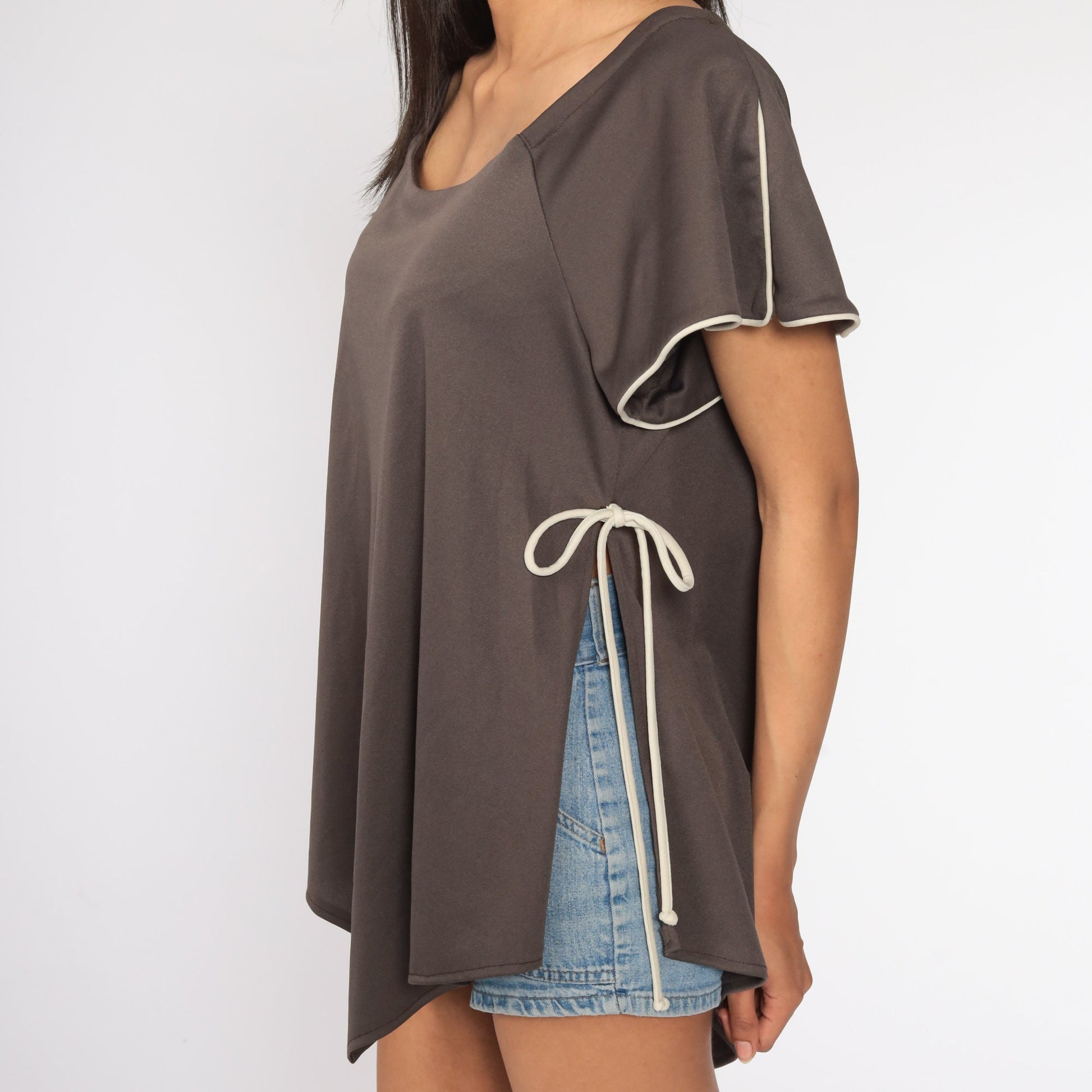 70s Brown Polyester Tunic Top Side Slit Short Sleeve Blouse Medium Large