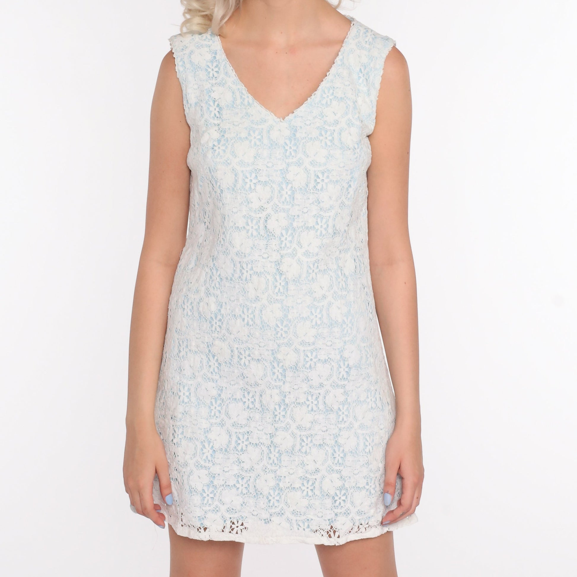 60s White Lace Mini Shift Dress Blue Lining Mod Cocktail Small