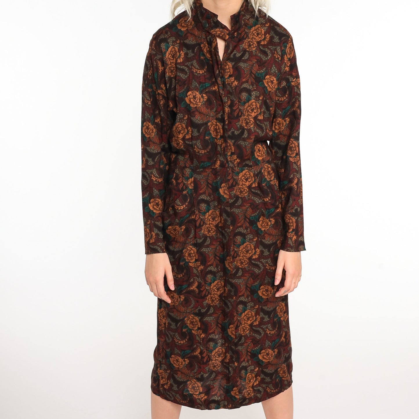 80s Floral Midi Dress Brown High-Waisted Keyhole Long Sleeve Medium