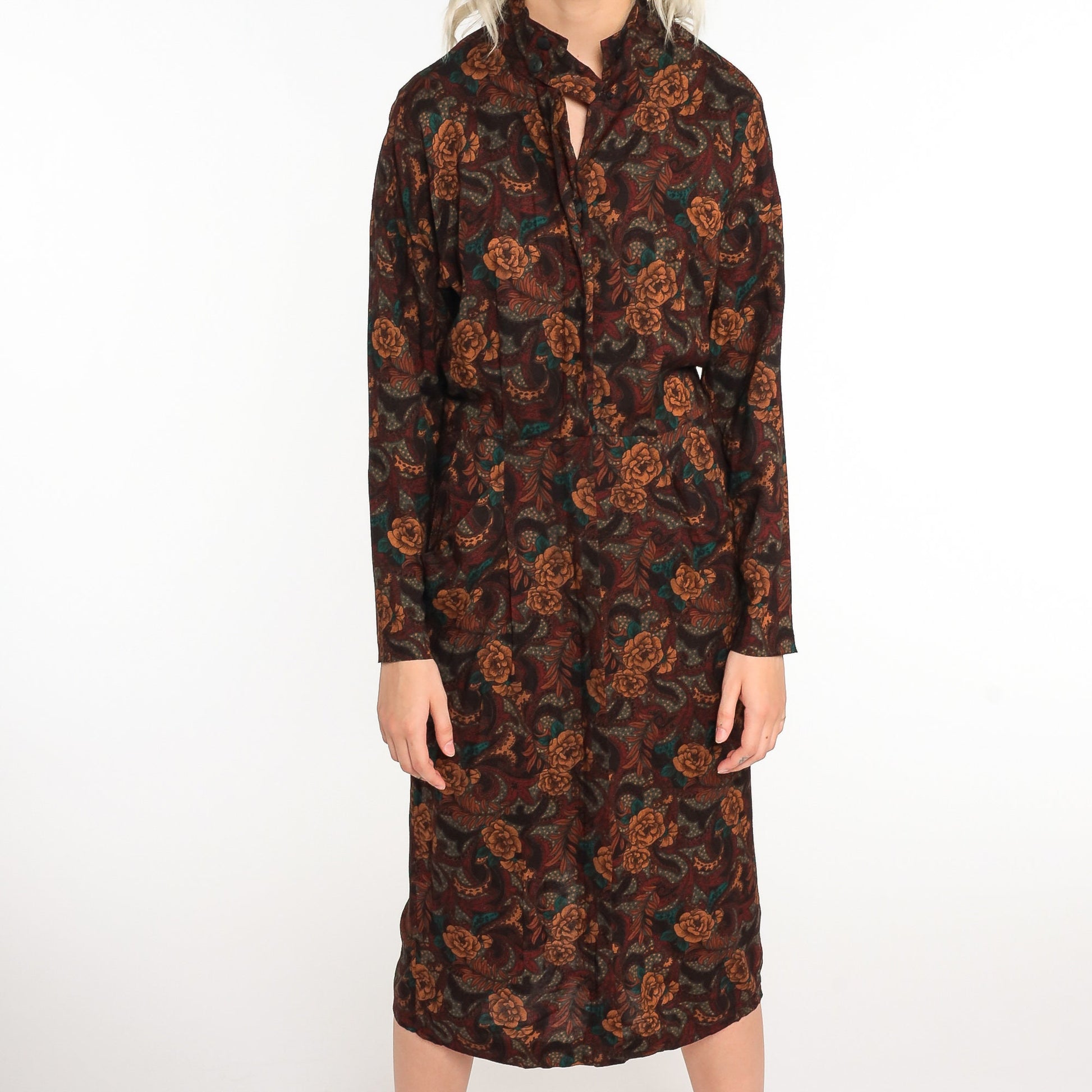 80s Floral Midi Dress Brown High-Waisted Keyhole Long Sleeve Medium