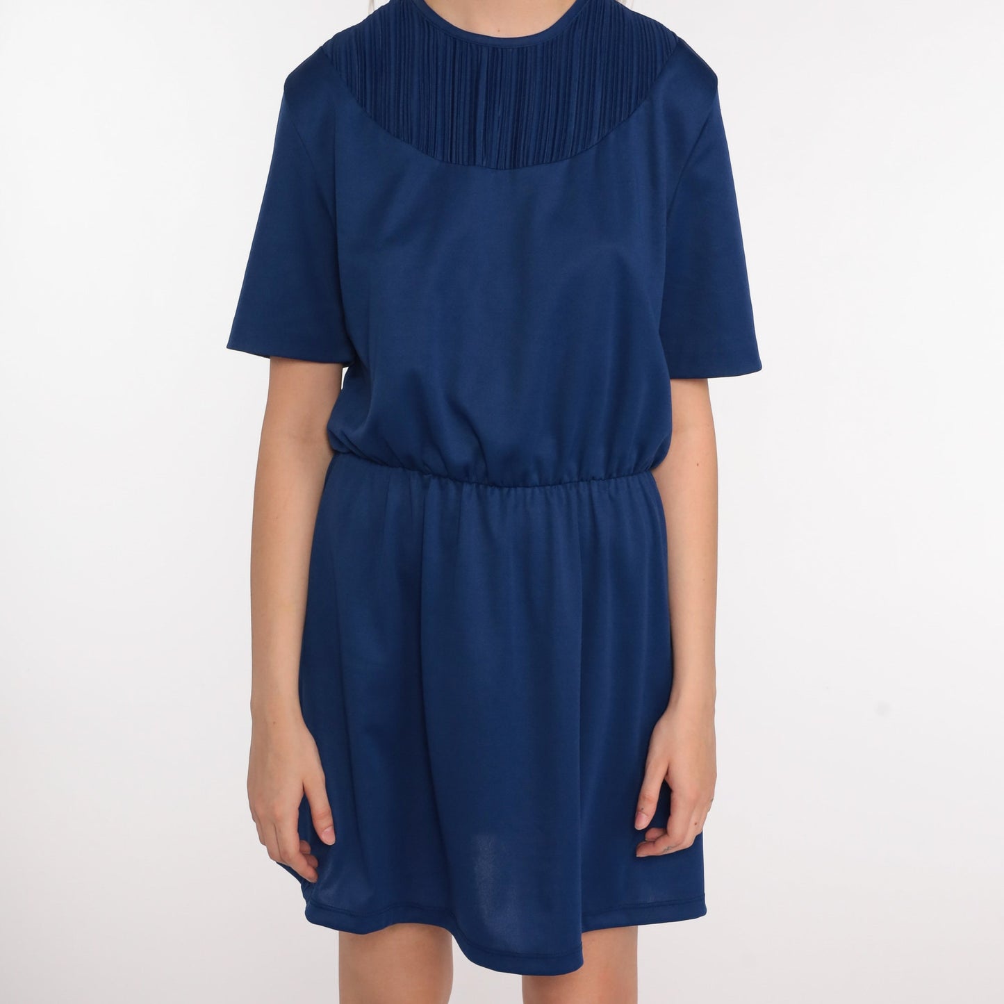 70s Dark Blue Mini Dress High Waist Pleated Chest Short Sleeve Medium