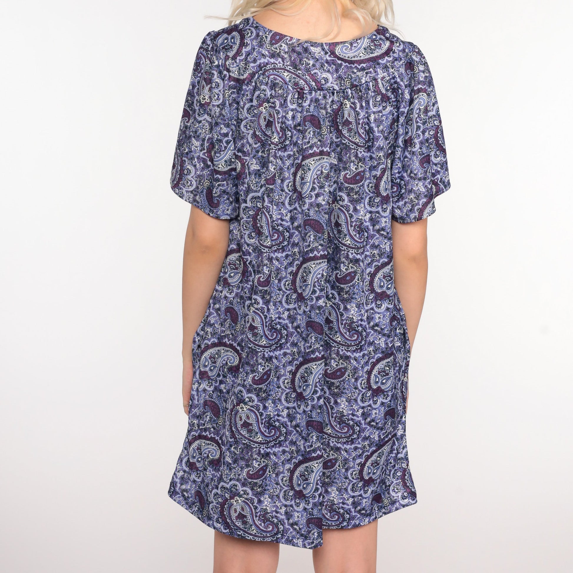 90s Purple Paisley Tent Mini Dress Short Sleeve Psychedelic Print Large L