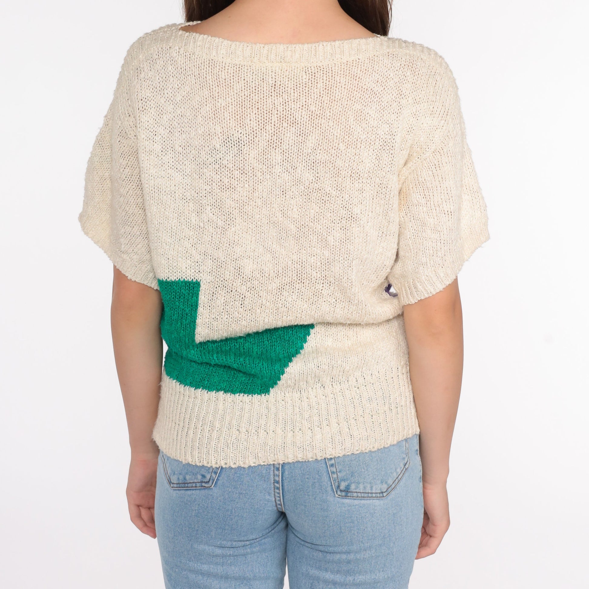 80s Liz Claiborne Geometric Colour Block Knit Top Beige Green Medium