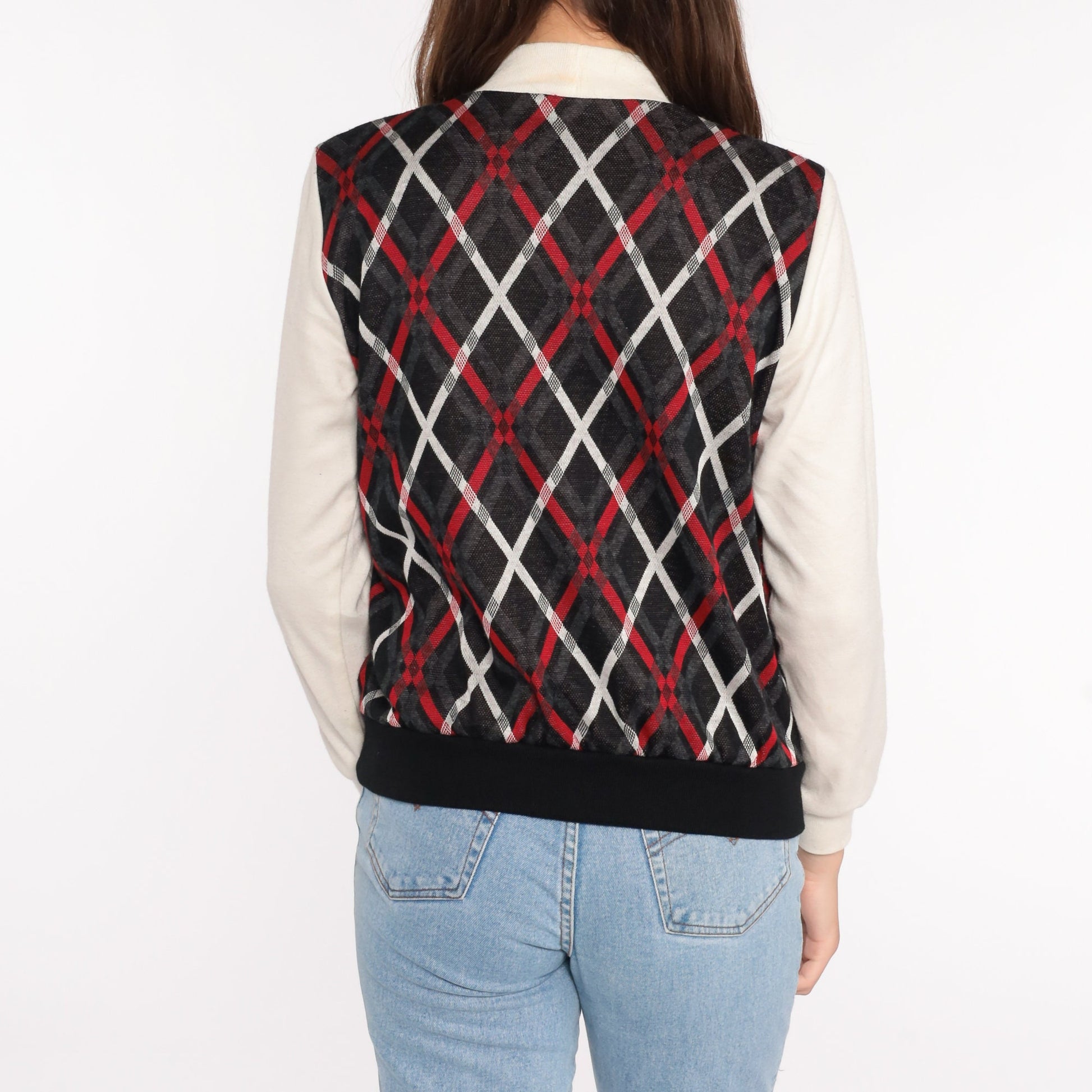 80s Plaid Mock Neck Sweatshirt with Attached Vest Small