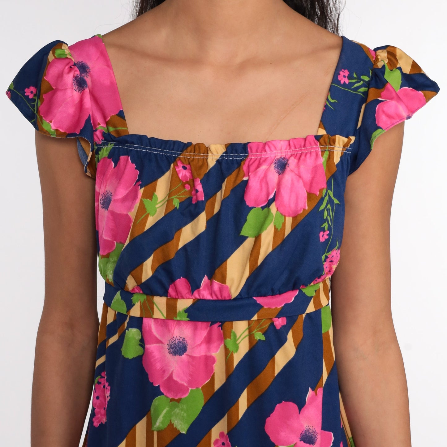 70s Floral Mini Dress Empire Waist Flutter Sleeve Blue Pink Small Medium