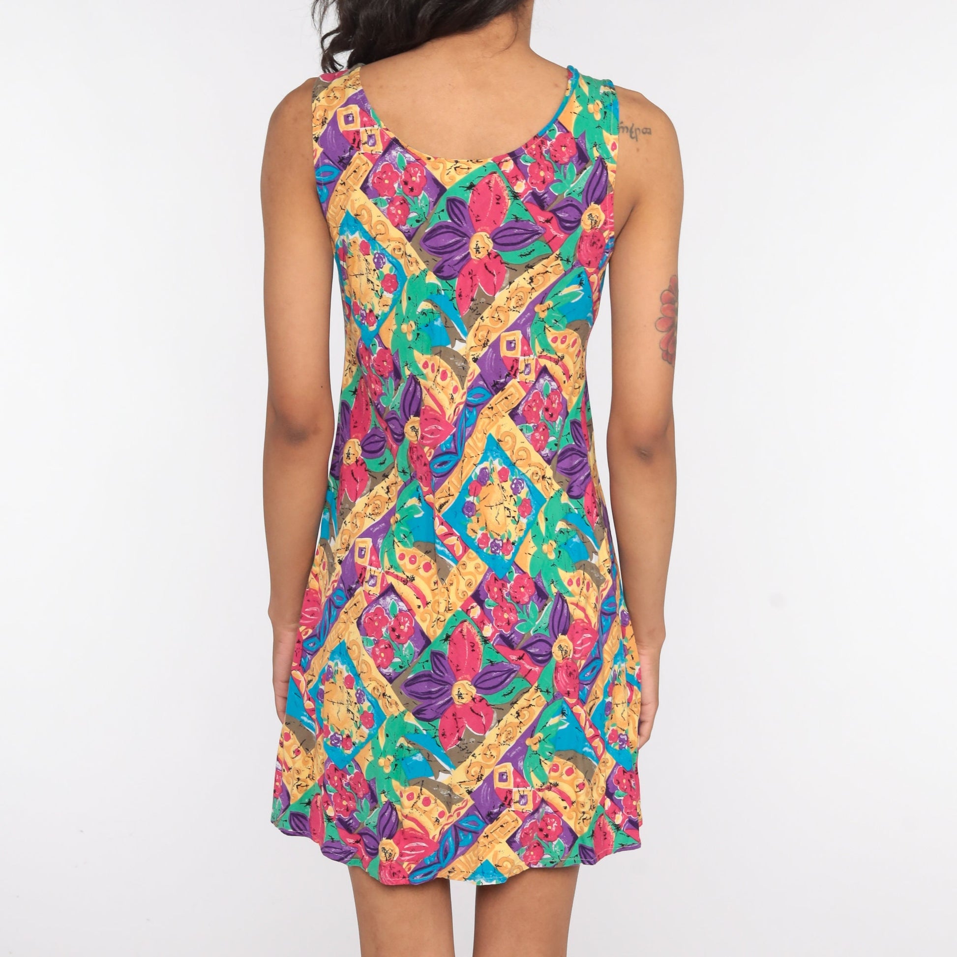 90s Floral Mini Shift Dress Sleeveless Summer Sundress Medium