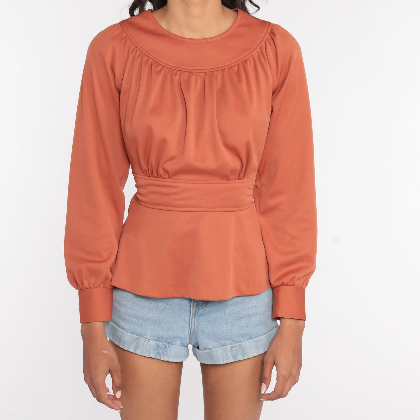 70s Peasant Blouse Terracotta Empire Waist Long Sleeve Shirt Small Medium