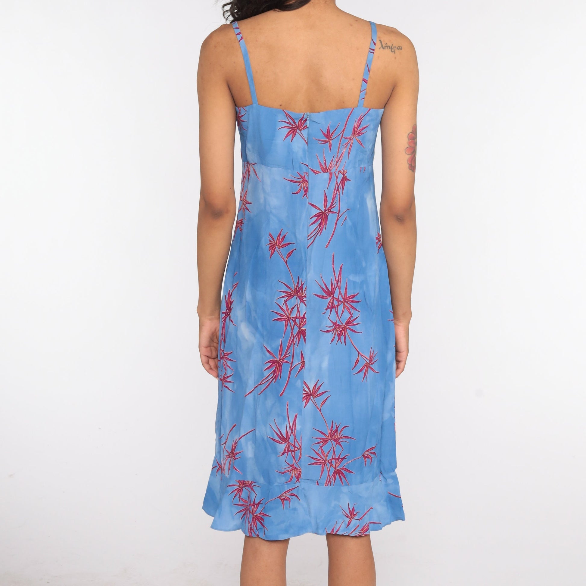 90s Tropical Floral Mini Sundress Blue Rayon Spaghetti Strap Extra Small
