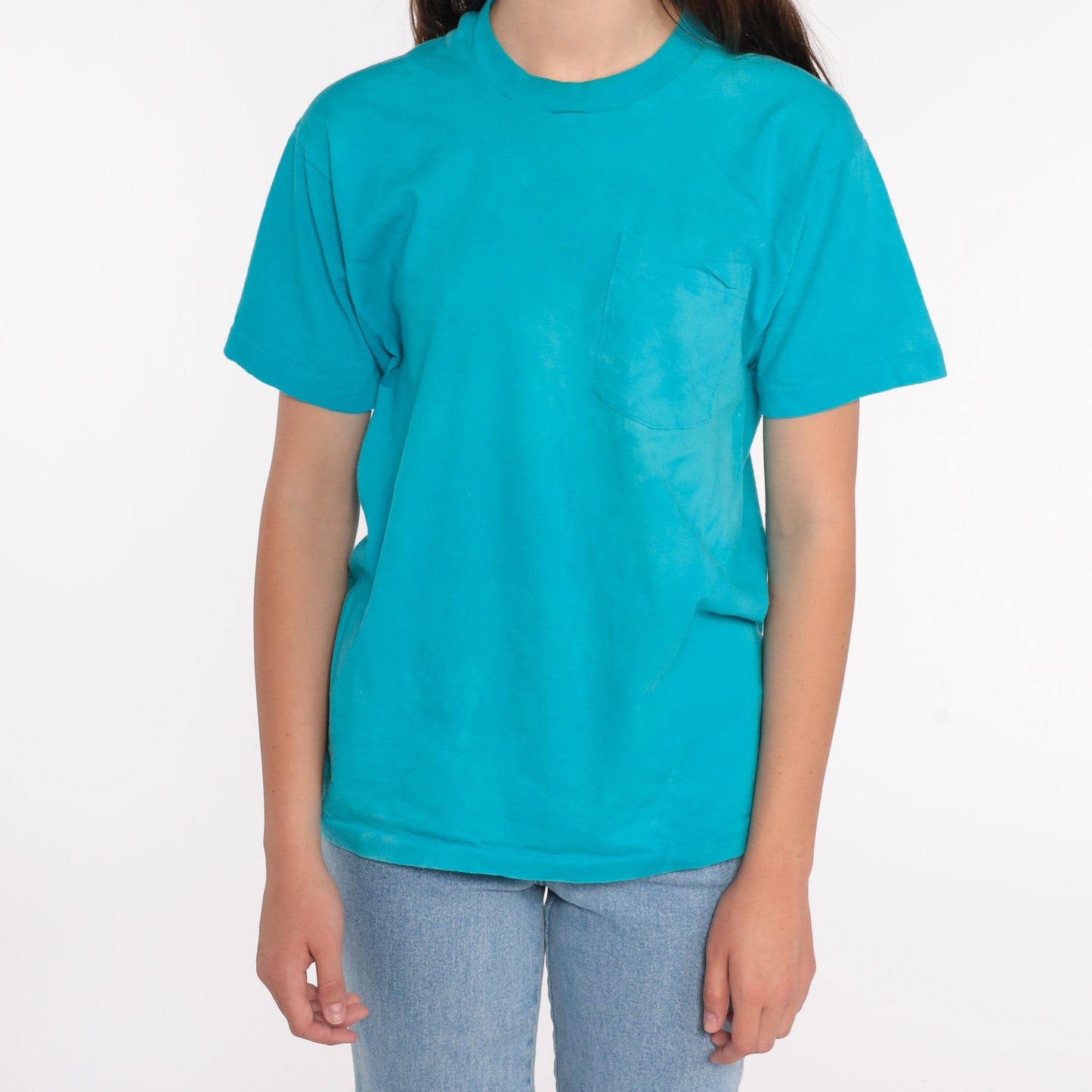 80s Blue Pocket T-Shirt Single Stitch Cotton Tee Medium