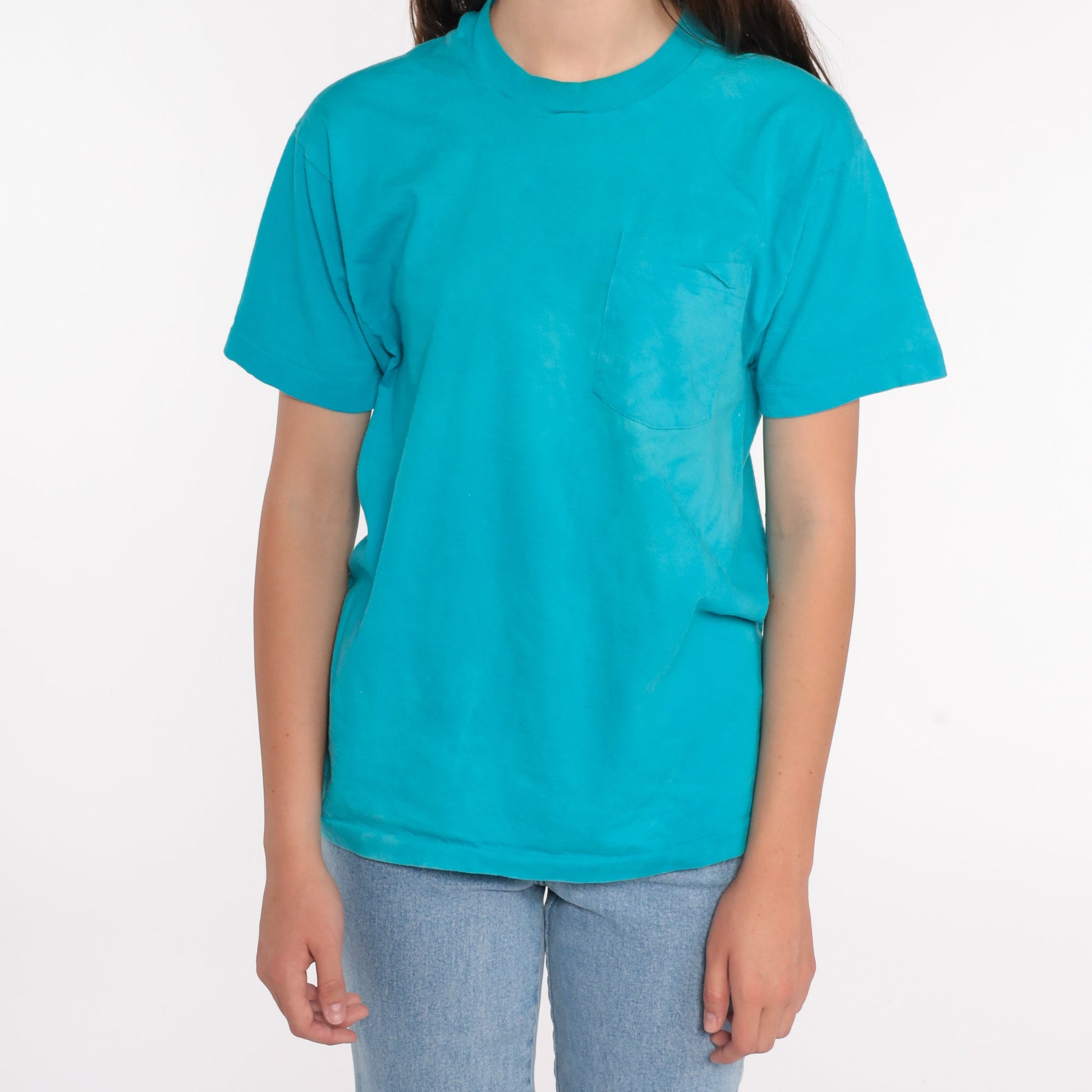 80s Blue Pocket T-Shirt Single Stitch Cotton Tee Medium
