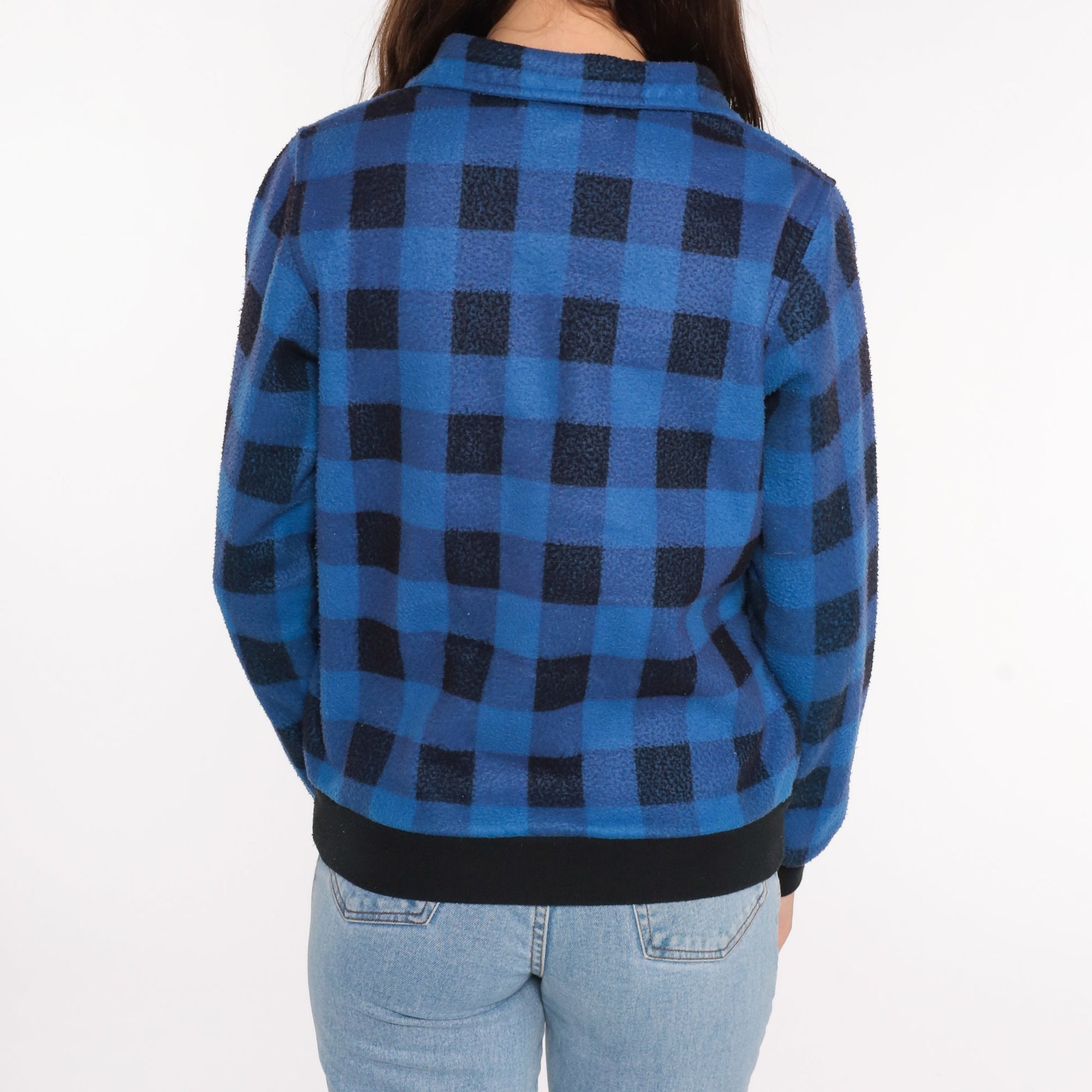 90s Buffalo Plaid Fleece Quarter Zip Jacket Blue Black Small