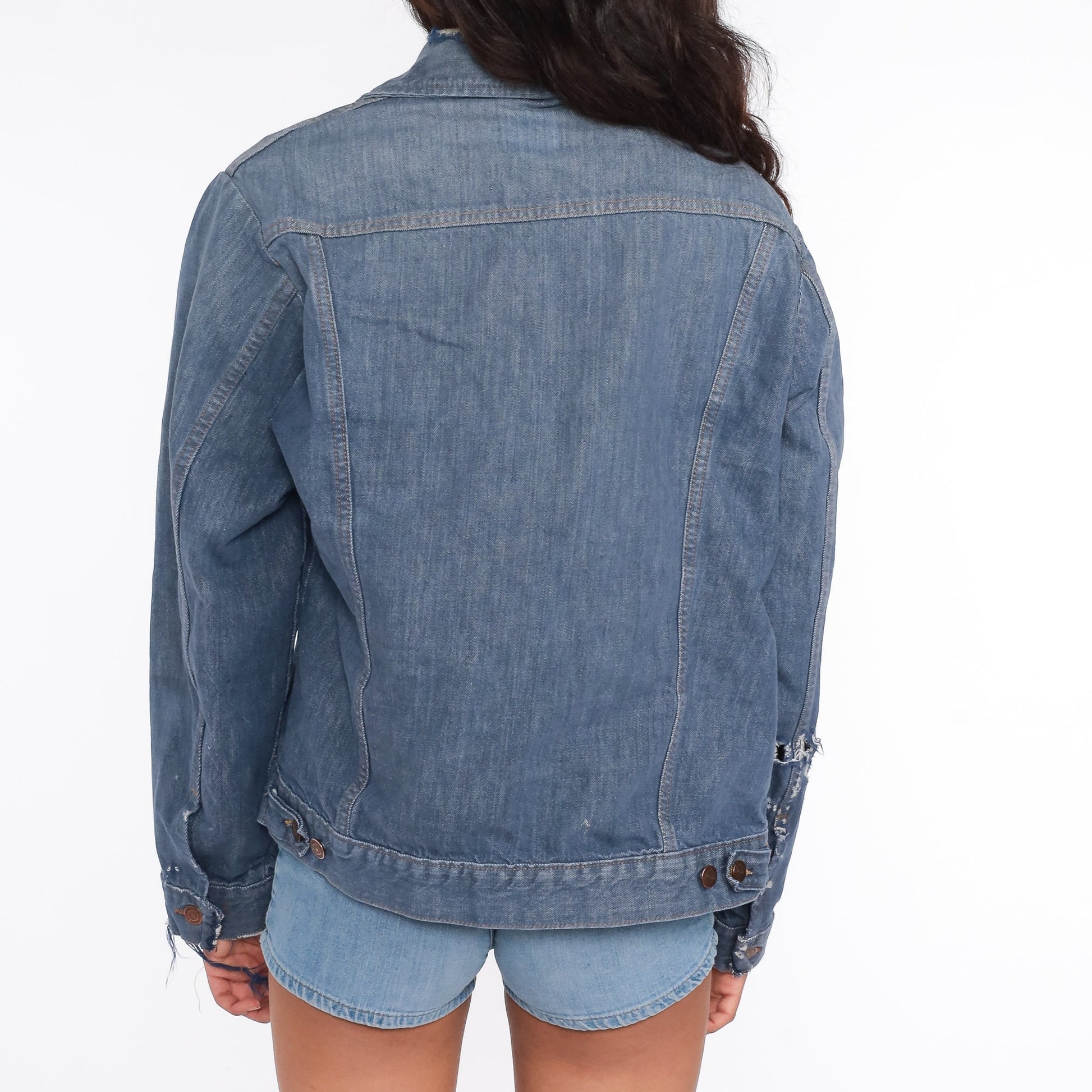 70s Roebucks Denim Jacket Blue Button-Up Biker Jean Medium