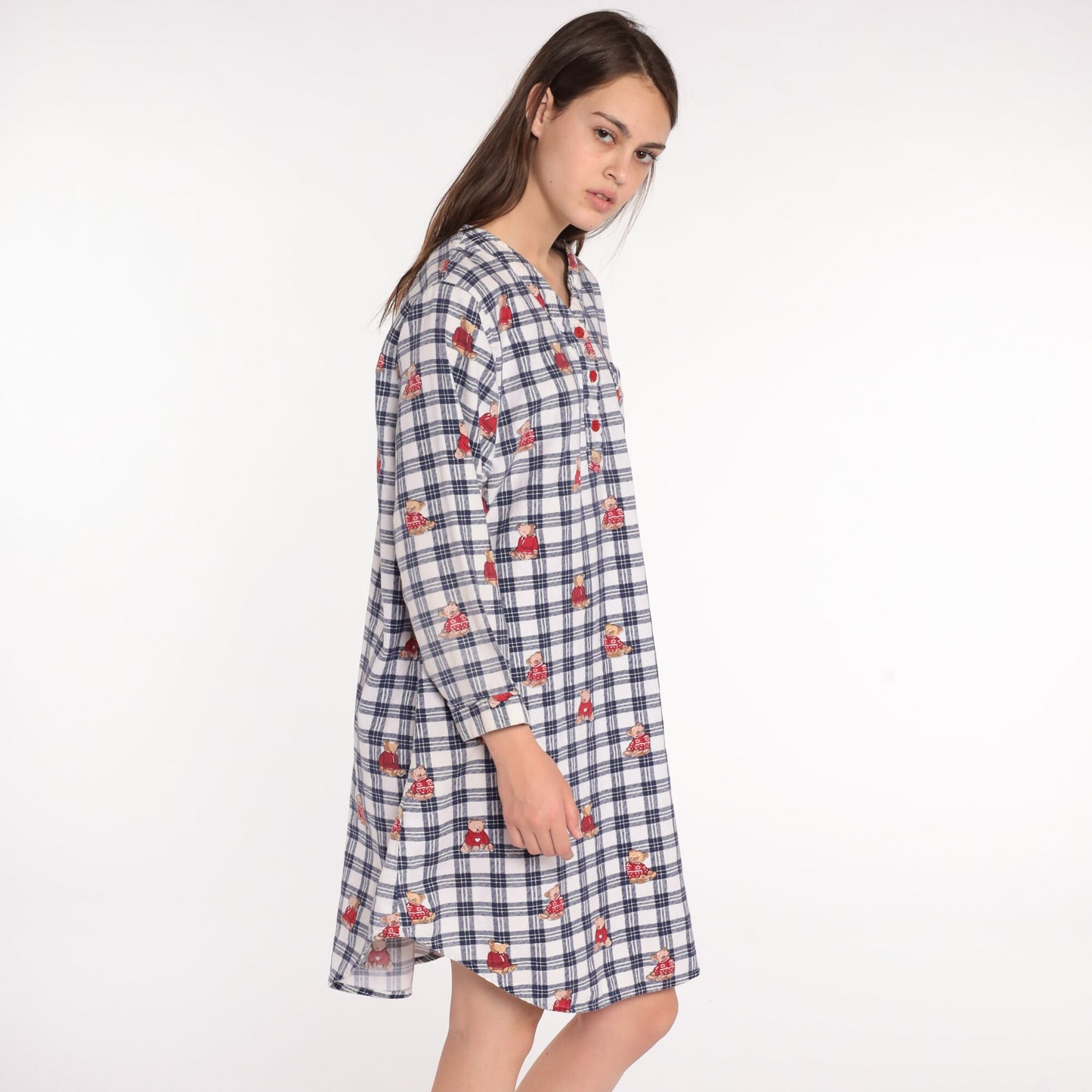 80s Teddy Bear Flannel Nightgown Checkered Pajama Dress Cotton Medium
