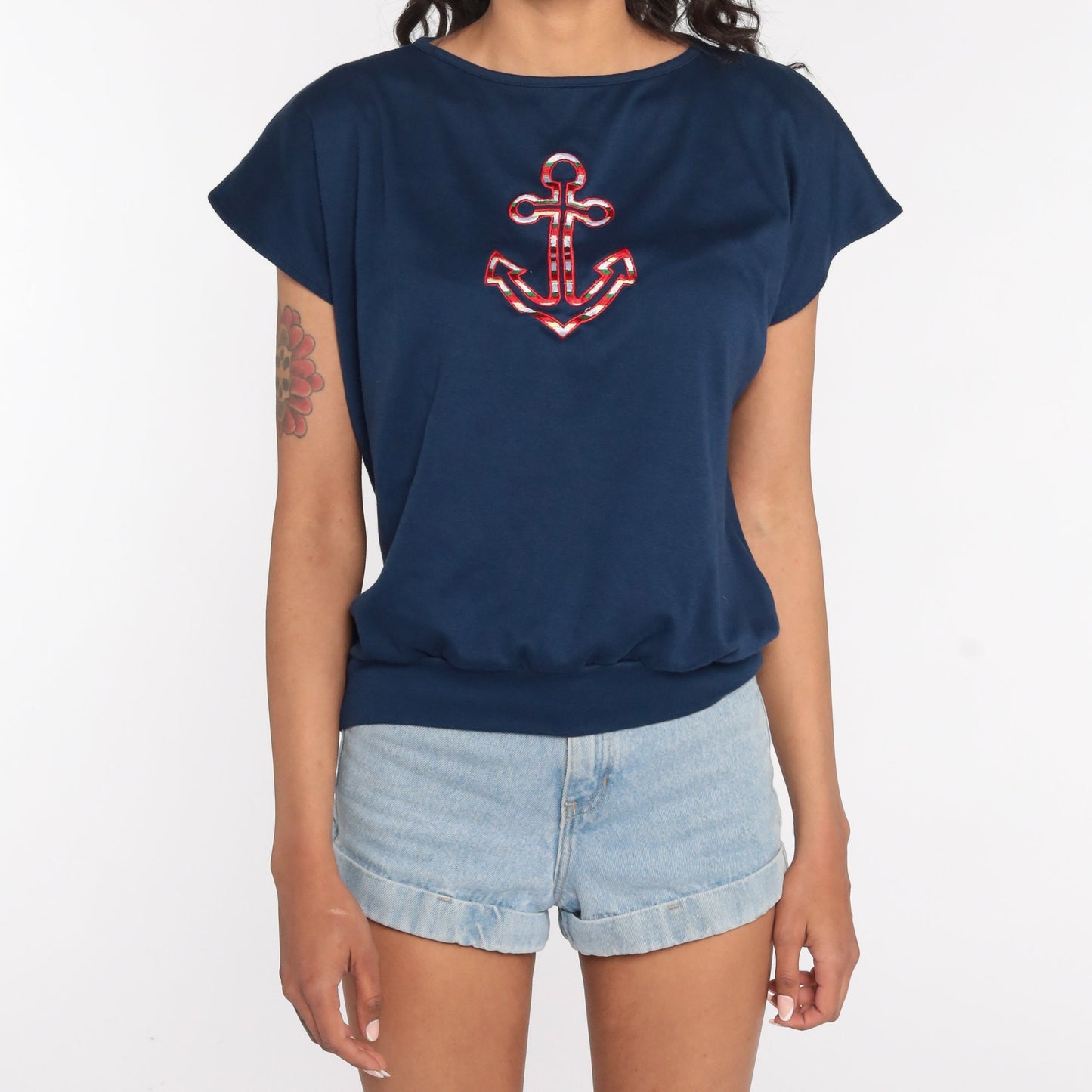 80s Navy Anchor Shirt Short Sleeve Slouchy Nautical Top Medium Large