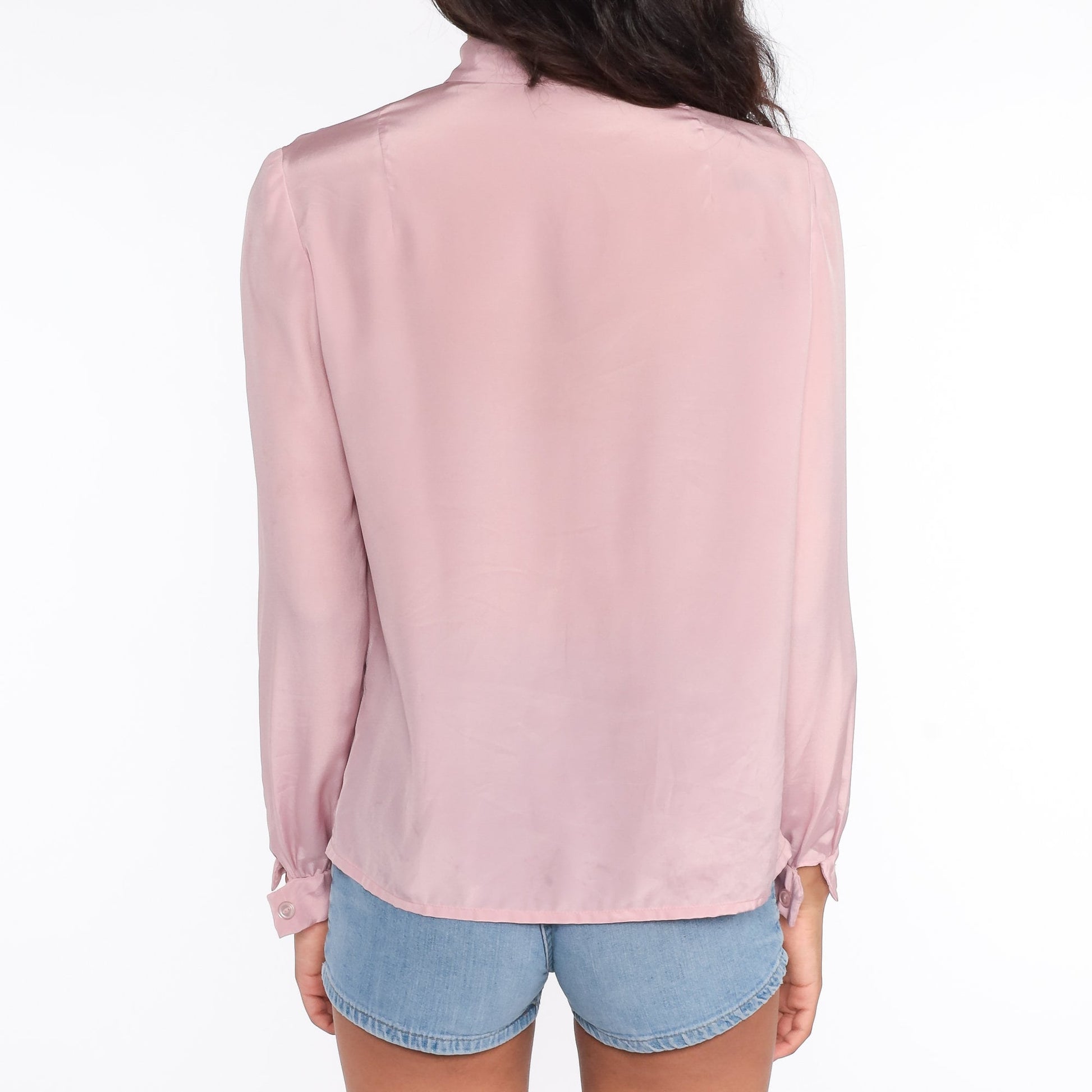 70s 80s Pink Ascot Bow Blouse Long Sleeve Button Up Medium