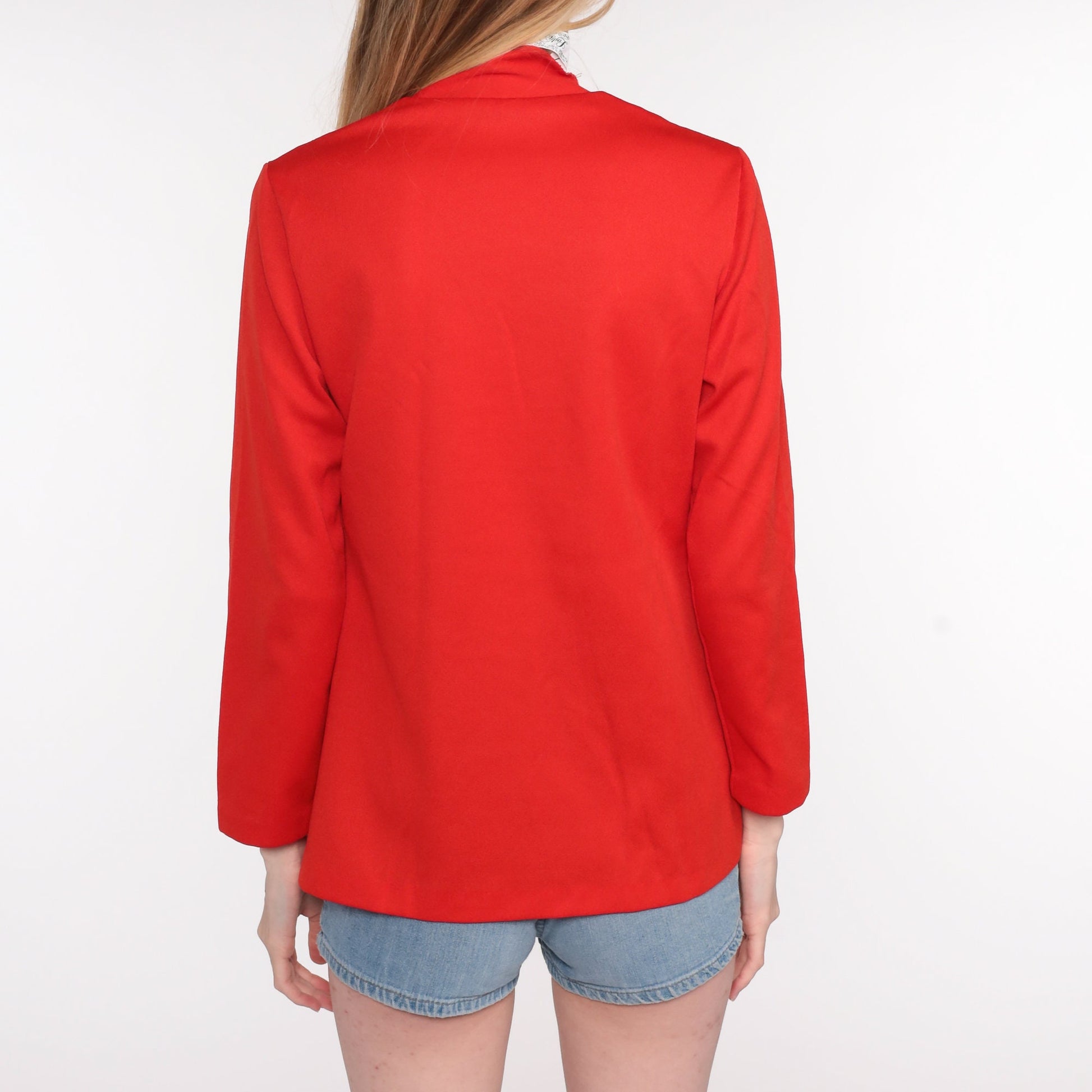 70s Red Polyester Button-Up Blouse Long Sleeve Pocket Shirt Medium