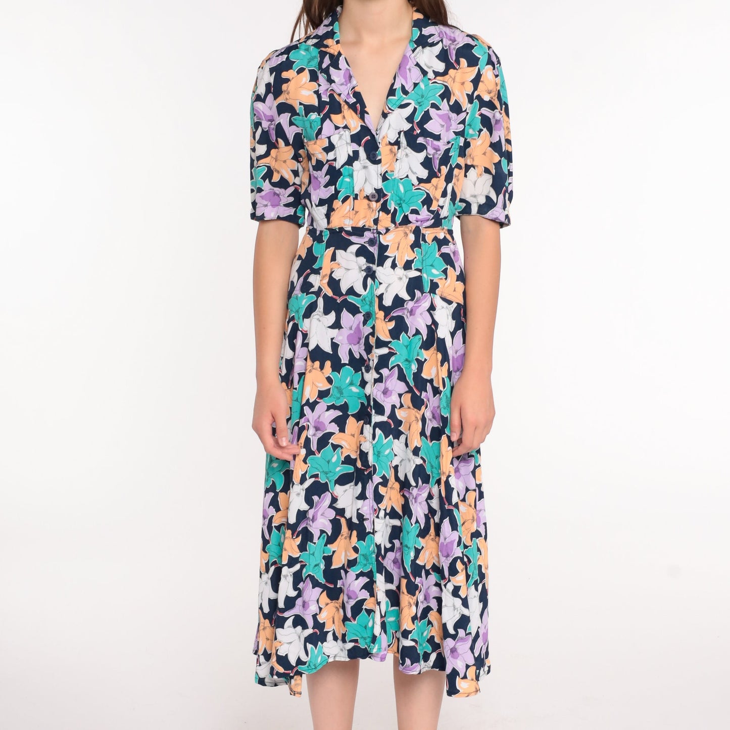 80s Floral Midi Dress Button-Up High Waist Short Sleeve Blue Small