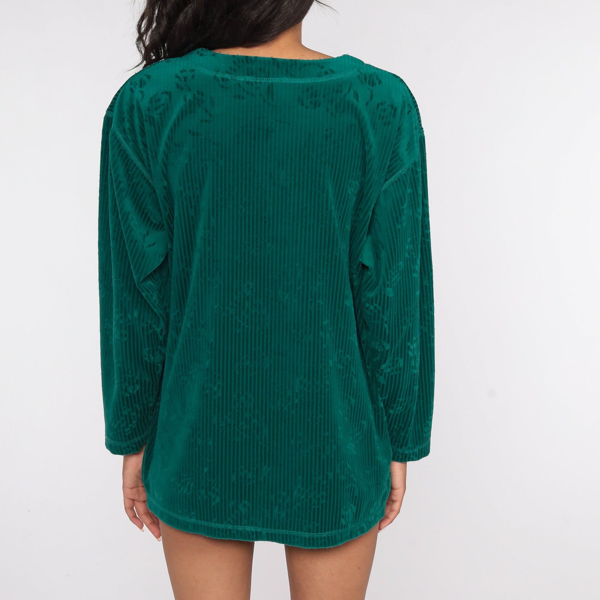 90s Green Floral Velour Henley Long Sleeve Shirt Medium