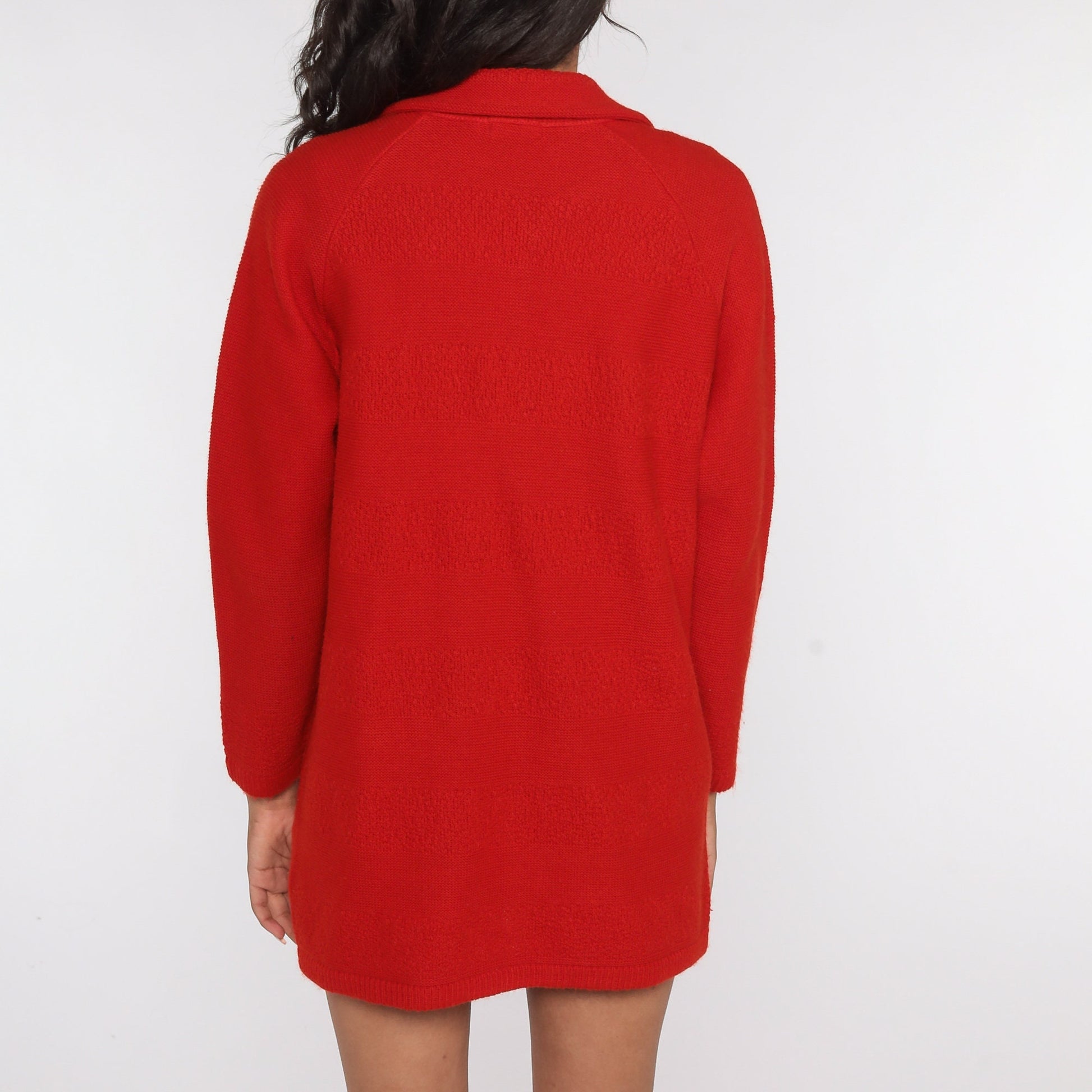 70s Red Cardigan Sweater Open Front Knit Large L