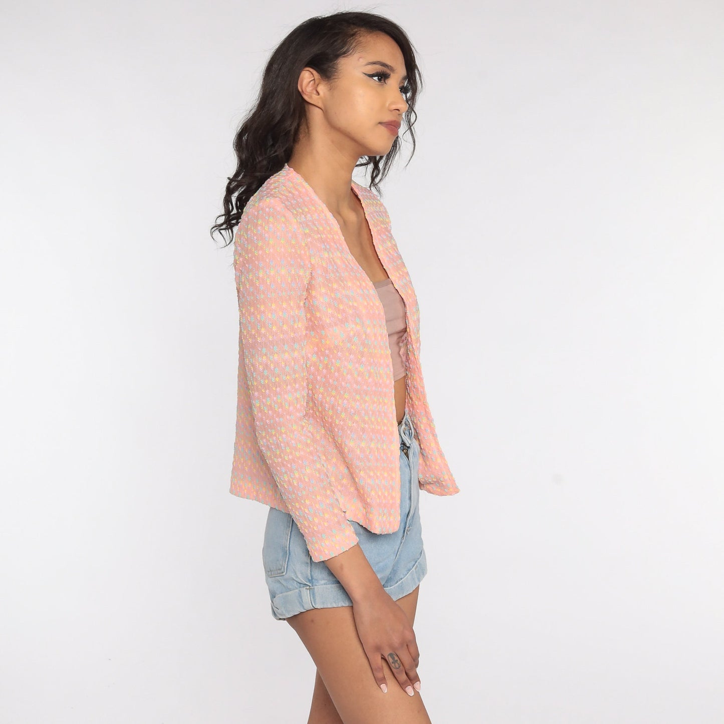 70s Baby Pink Flecked Open Front Blouse Long Sleeve Small