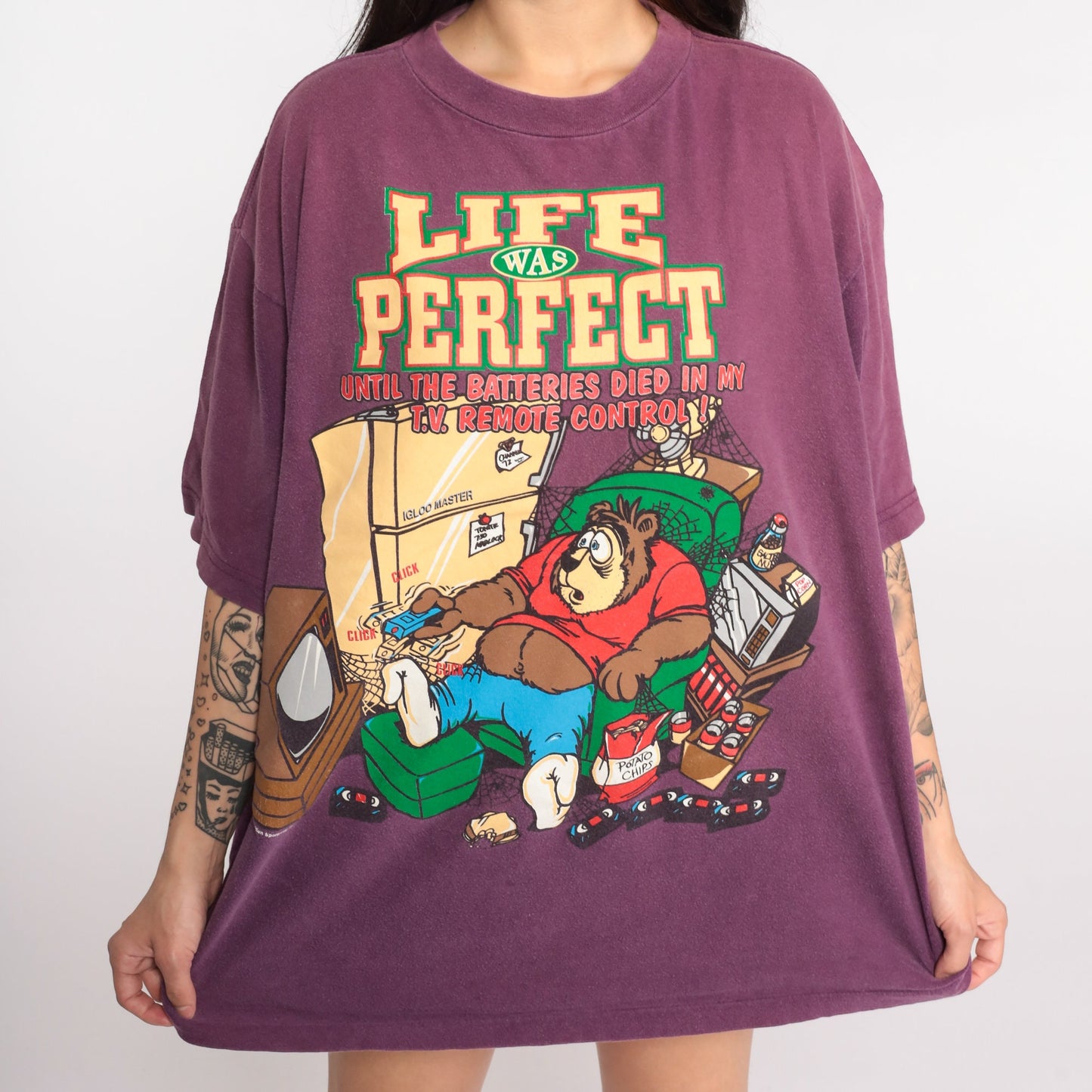 90s Couch Potato Bear Graphic T-Shirt Funny Joke Tee Large