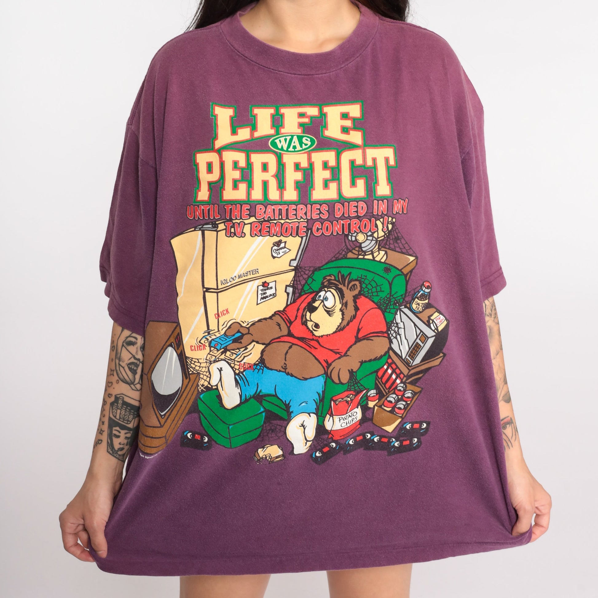 90s Couch Potato Bear Graphic T-Shirt Funny Joke Tee Large